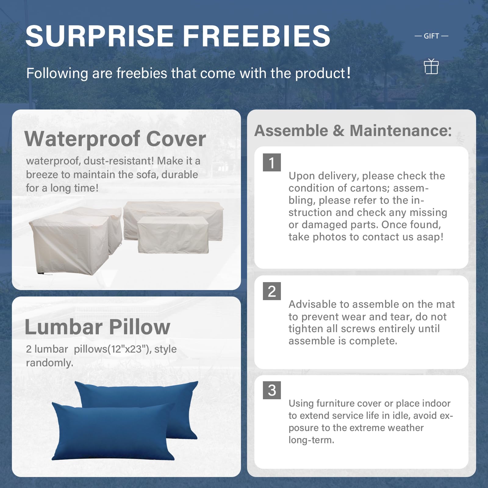 4-Piece Patio Furniture Set with Outdoor Couch, 2 Chairs & Storage Table - Waterproof Navy Blue Cushions & No-Slip Covers - Perfect for Backyard, Garden, Poolside Relaxation