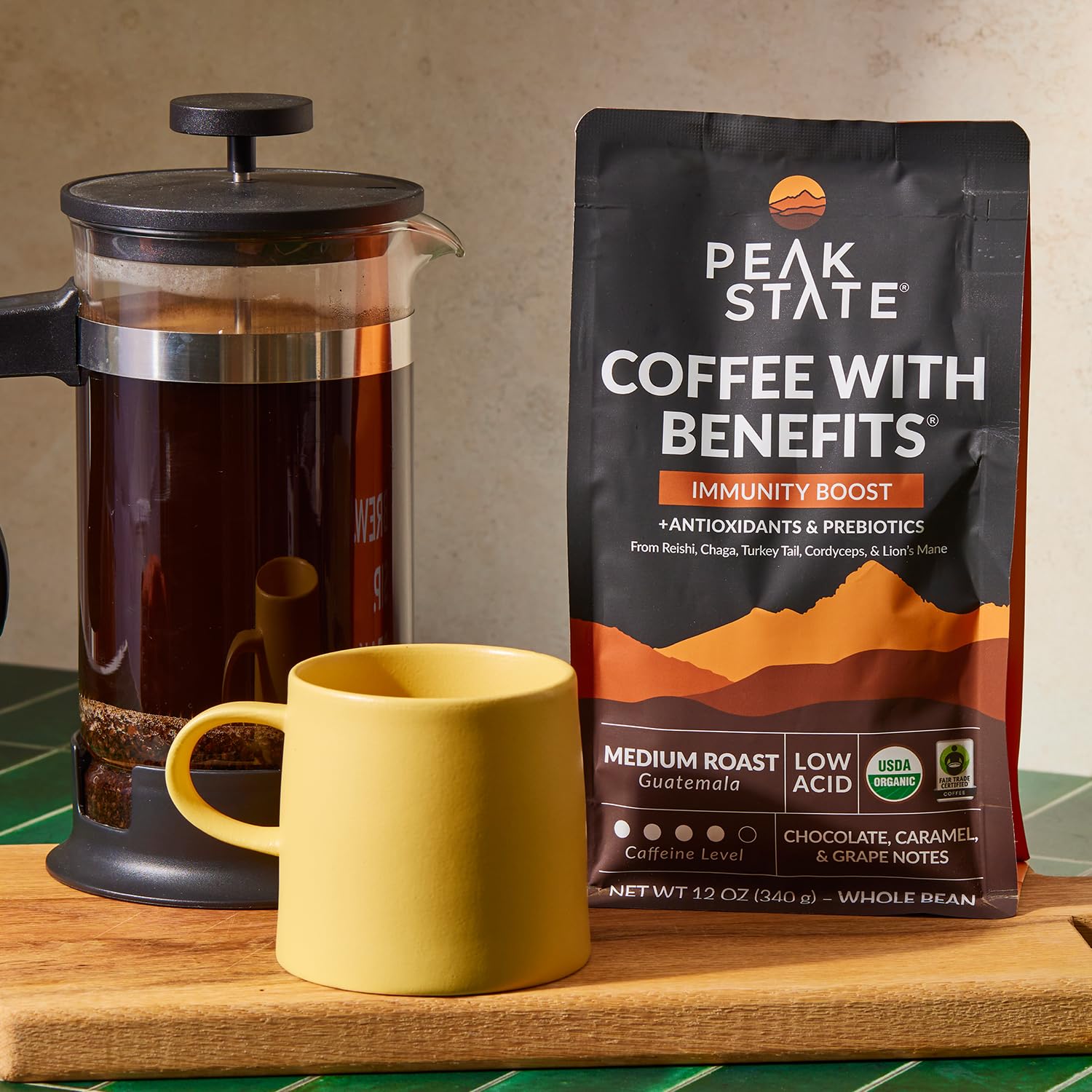 Peak State Organic Mushroom Coffee - Immune Boosting Medium Roast Whole Bean Coffee - Low Acid, Vegan, Paleo, Dairy & Gluten-Free (2 x 12 oz Bags) - Perfect for Morning Energy & Wellness Routine