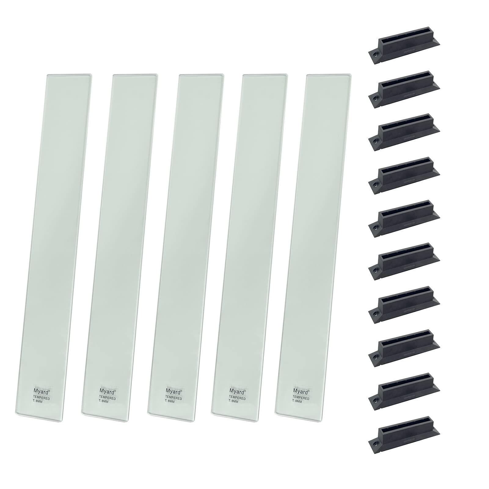 5-Pack 29 Inch Tempered Glass Balusters with Scenic Frontier Design - Includes 10-Pack Glass Railing Clamps for Staircase, Deck, Porch, Fence & Balcony - Durable Safety Railings for Wood or Aluminum Rails - Perfect for Modern Homes, Villas & Commercial Spaces