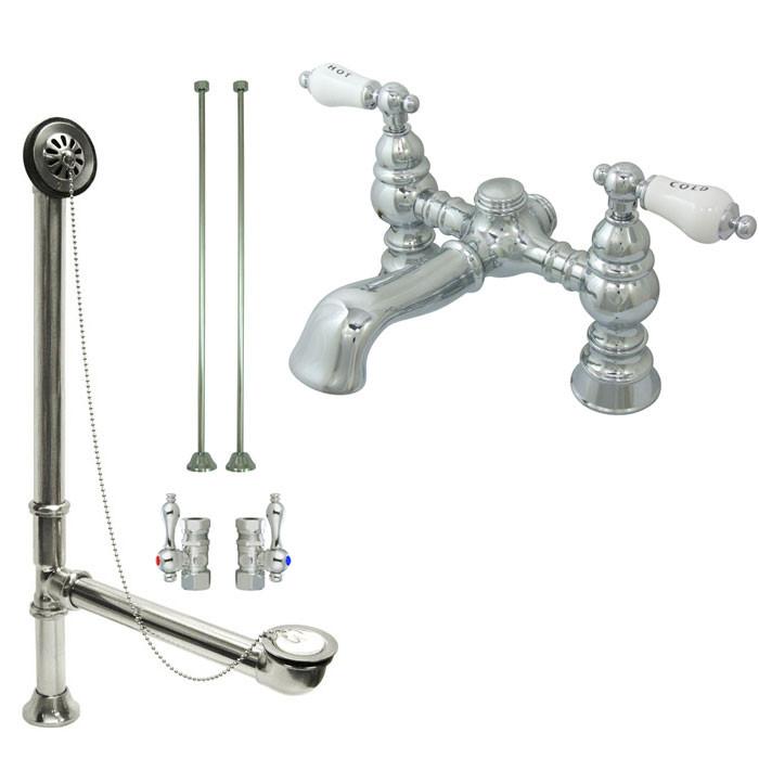 Chrome Deck Mount Clawfoot Tub Faucet Set with Drain Supplies & Stops - Model CC1132T1 - Perfect for Vintage Bathroom Renovations & Freestanding Bathtub Installations