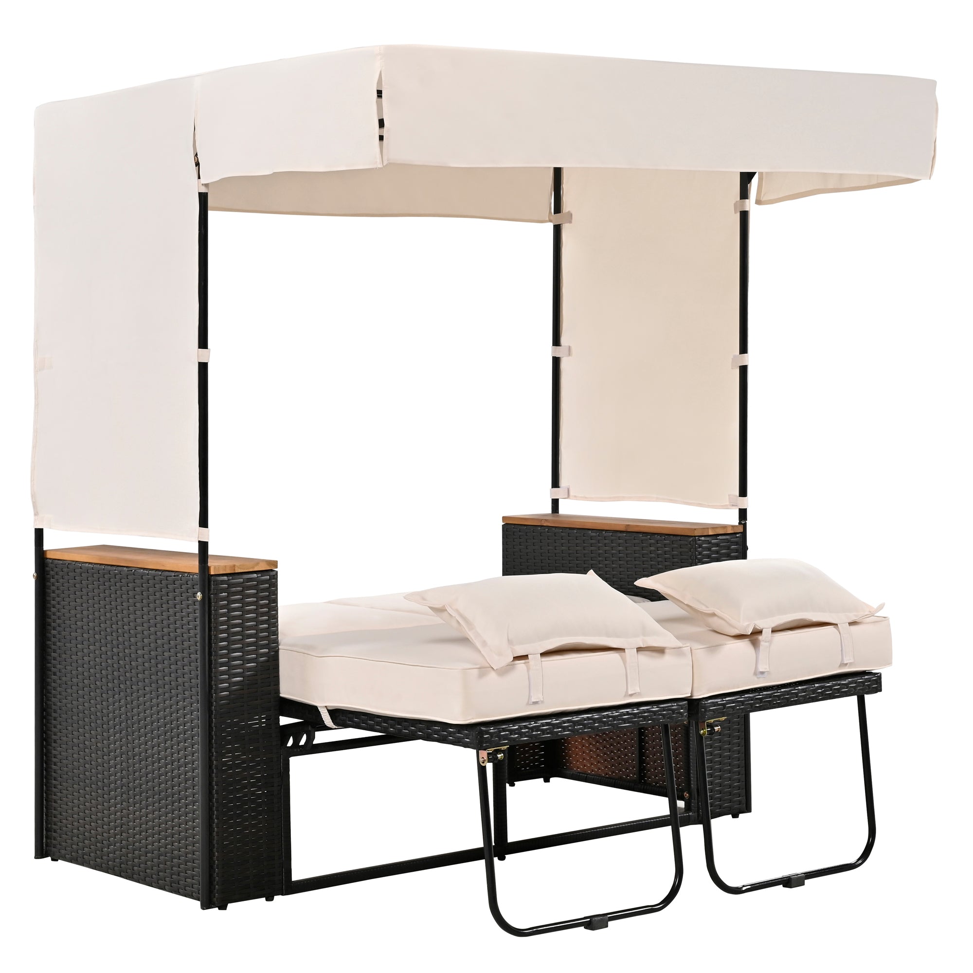 2 Piece Outdoor Rattan Daybed with Bench Lounge Roof Set & Cushions - Waterproof Wicker Patio Furniture for Poolside, Backyard, Garden - Perfect for Sunbathing, Relaxing & Outdoor Entertaining