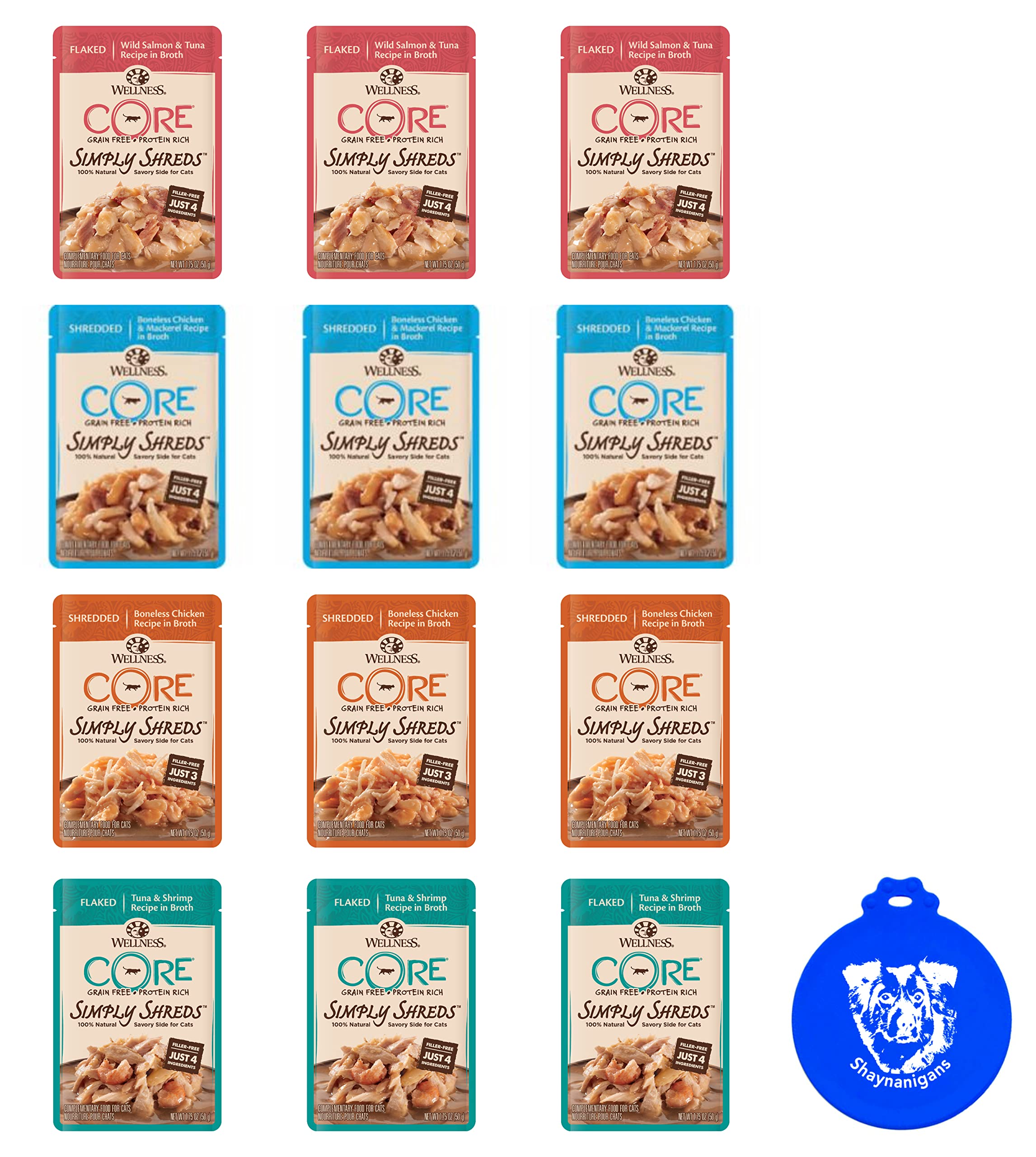 Wellness CORE Grain-Free Cat Food Topper - 12 Pouches (1.75oz Each) in 4 Flavors: Wild Salmon & Tuna, Tuna & Shrimp, Chicken, Chicken & Mackerel | Natural Protein Boost for Cats | Perfect for Picky Eaters & Senior Cats | Includes Free Silicone Lid
