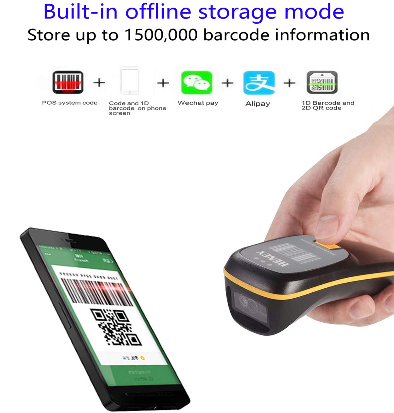 Mini Bluetooth Barcode Scanner - Wireless 2.4G Portable 3-in-1 Barcode Reader for 1D & 2D QR Codes with Offline Storage & Upload Function (Black) - Ideal for Retail, Warehouse, Inventory Management & Mobile POS Systems