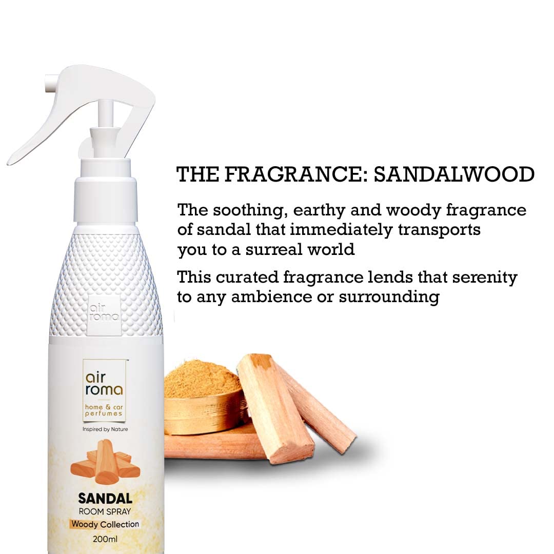 AIR-ROMA Sandal Air Freshener Spray - Long-Lasting Odor Eliminator for Home, Office & Car | 200ml Natural Fragrance | Eliminates Bad Smells in Living Room, Bathroom & Closet | Pack of 1