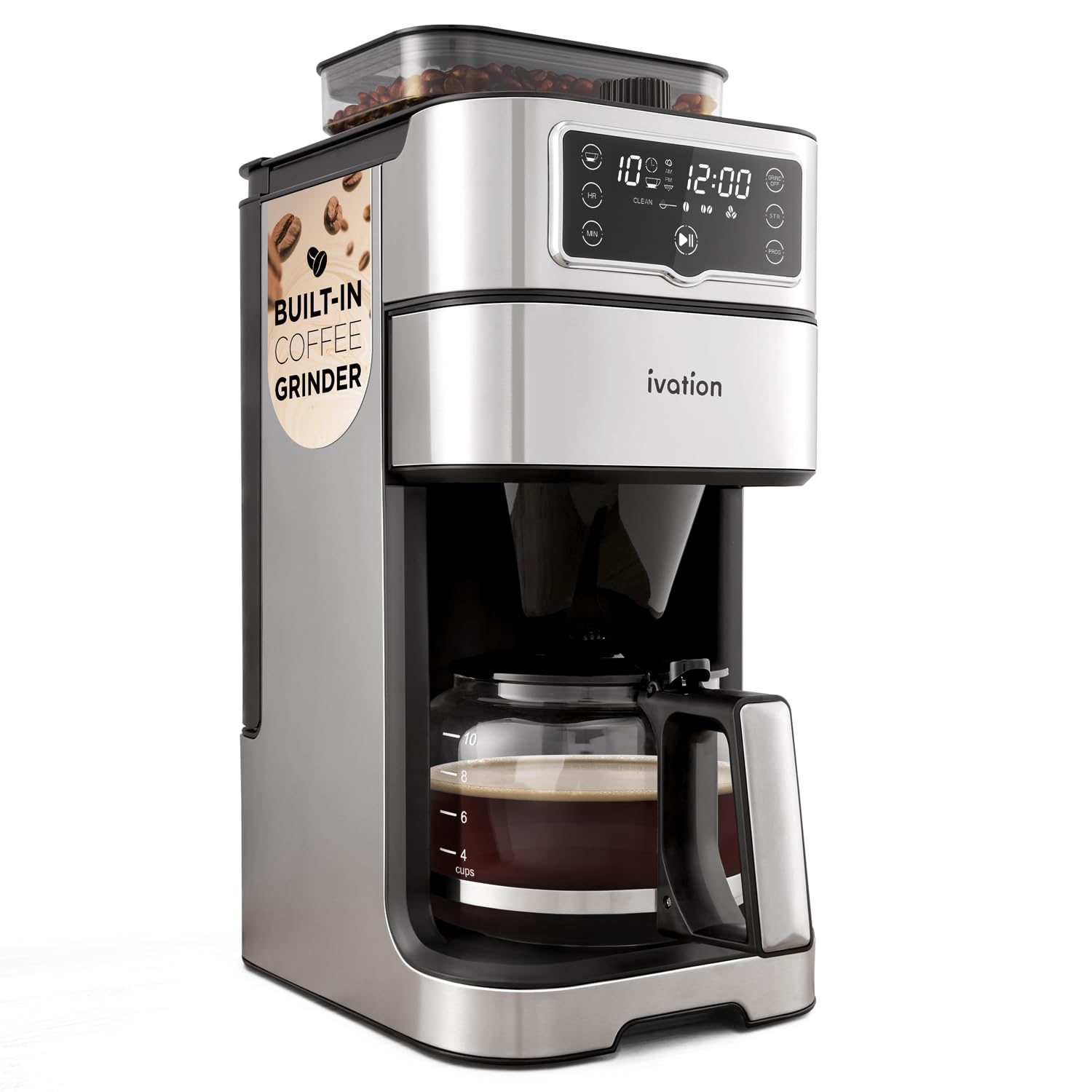 Ivation 2-in-1 Drip Coffee Maker with Built-in Grinder - Programmable Auto Brew Coffee Machine with Timer, 10 Cup Capacity & 1.5L Water Tank - 1000W with Warming Plate & Reusable Filter - Pause and Serve Feature - Perfect for Home, Office or Restaurant Use