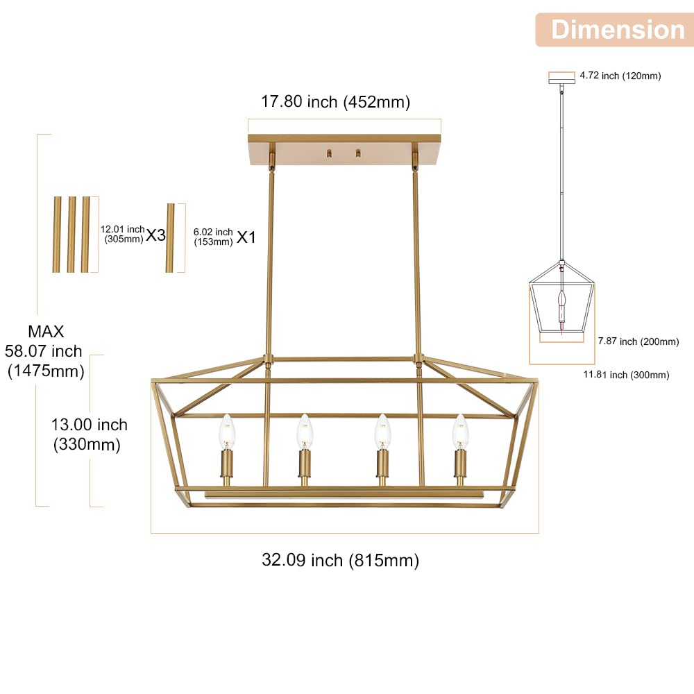 4-Lights Golden Pendant Light Fixtures - Adjustable Height Modern Lantern Linear Chandelier for Dining Room Ceiling Lighting | Perfect Hanging Light Over Kitchen Island, Breakfast Bar or Dining Table
