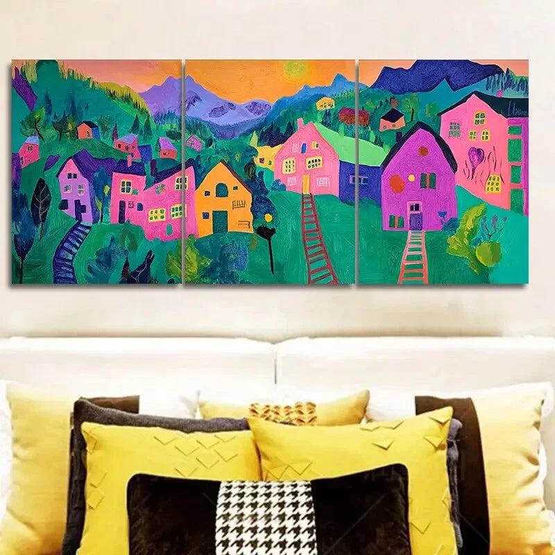 3-Piece Colorful Mountain & House Scenes Framed Wall Art Set - 40x60cm High Quality Canvas Prints | Australian Made | Ready to Hang | Perfect for Living Room, Bedroom & Office Decor