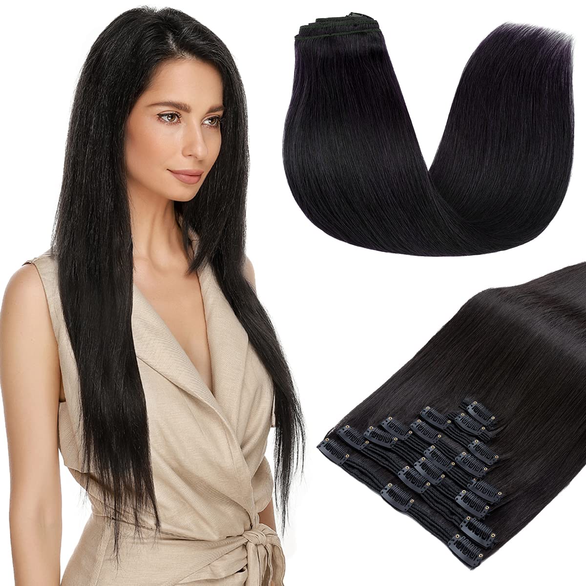 S-noilite 22 Inch Clip in Hair Extensions - 100% Real Human Remy Hair, Natural Black (#1B), Double Weft, 8PCS/160g - Straight Clip-on Extensions for Women | Perfect for Daily Wear, Parties & Special Occasions