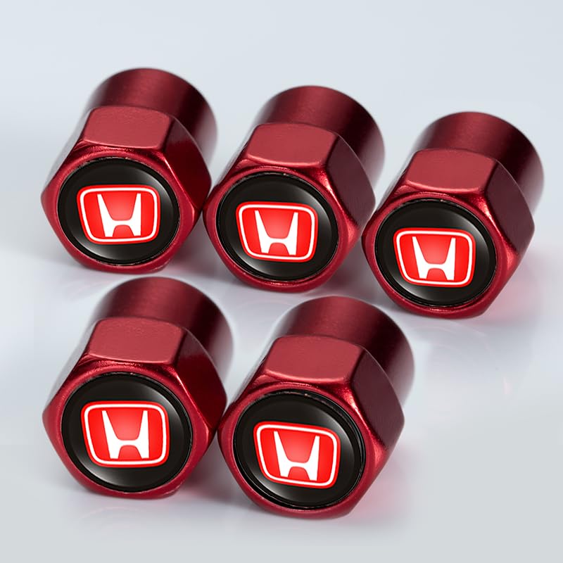 **Red Metal Car Wheel Tire Valve Stem Caps (5Pcs) - Compatible with Honda Civic, CR-V, Accord, Pilot, LX, EX, EX-L, Touring - Durable Auto Valve Stem Cover Accessories for Stylish Decoration & Protection - Perfect for Car Enthusiasts & Customization**