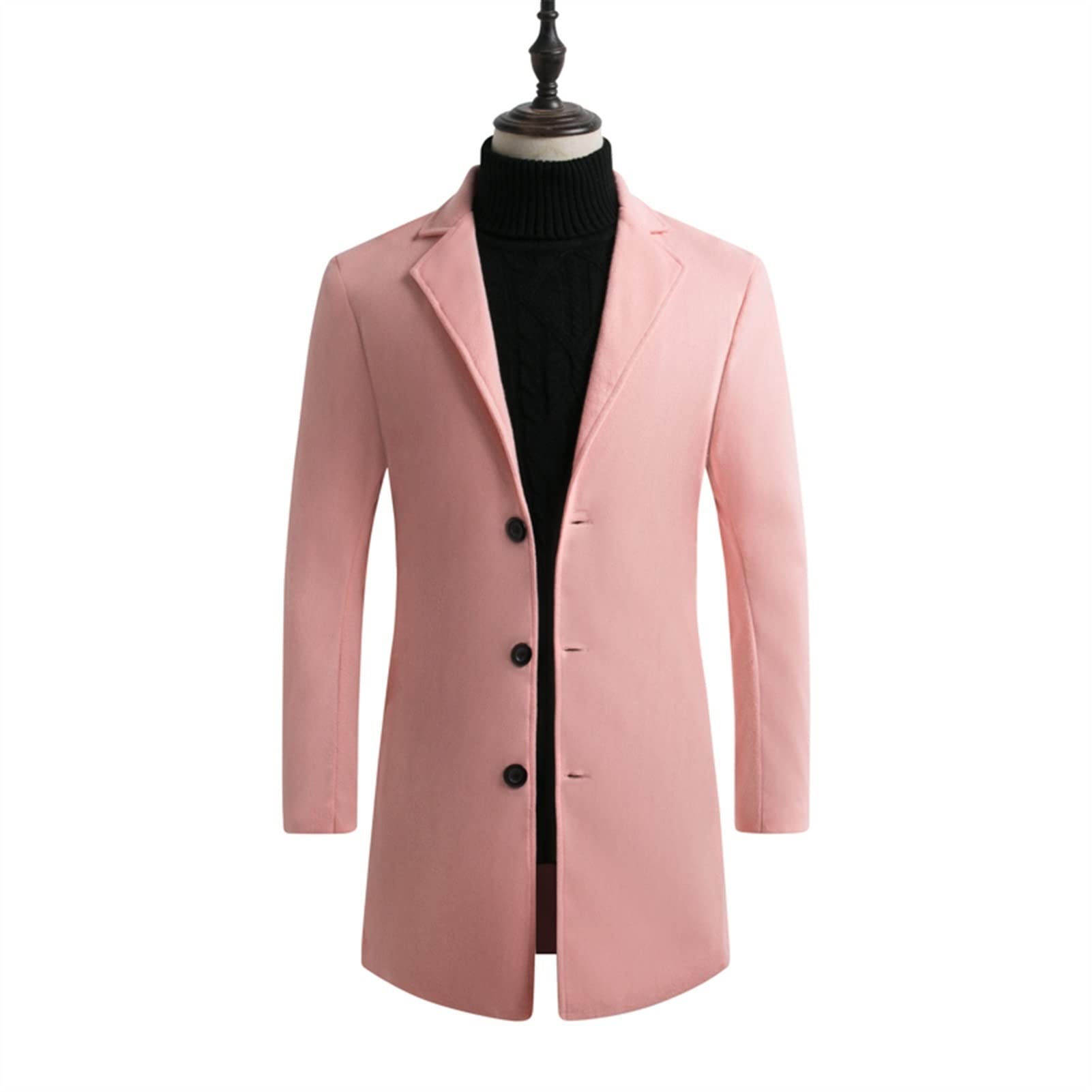 Men's Pink 5XL Trench Coat - Wool Blend Long Casual Jacket for Outdoor & Business Wear - Windproof & Stylish Overcoat for Fall & Winter Fashion