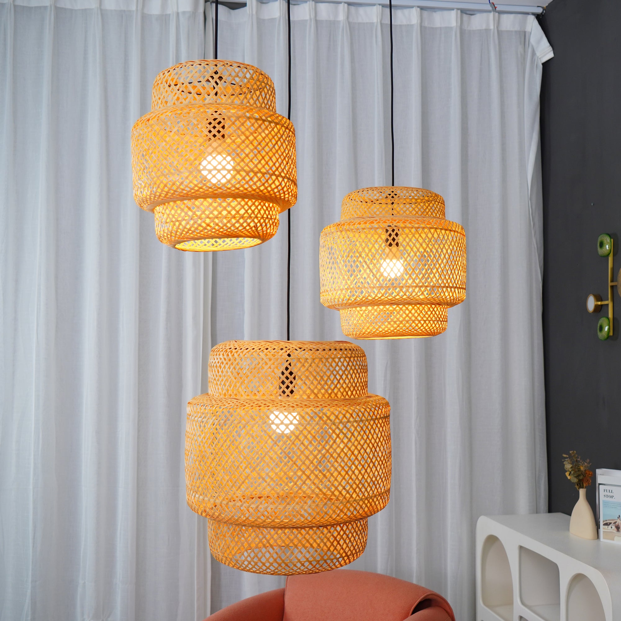 Modern Bamboo Pendant Light Fixture - Handwoven Natural Rattan Hanging Lamp for Kitchen Island, Dining Room & Bedroom Decor - Eco-Friendly Lighting Solution