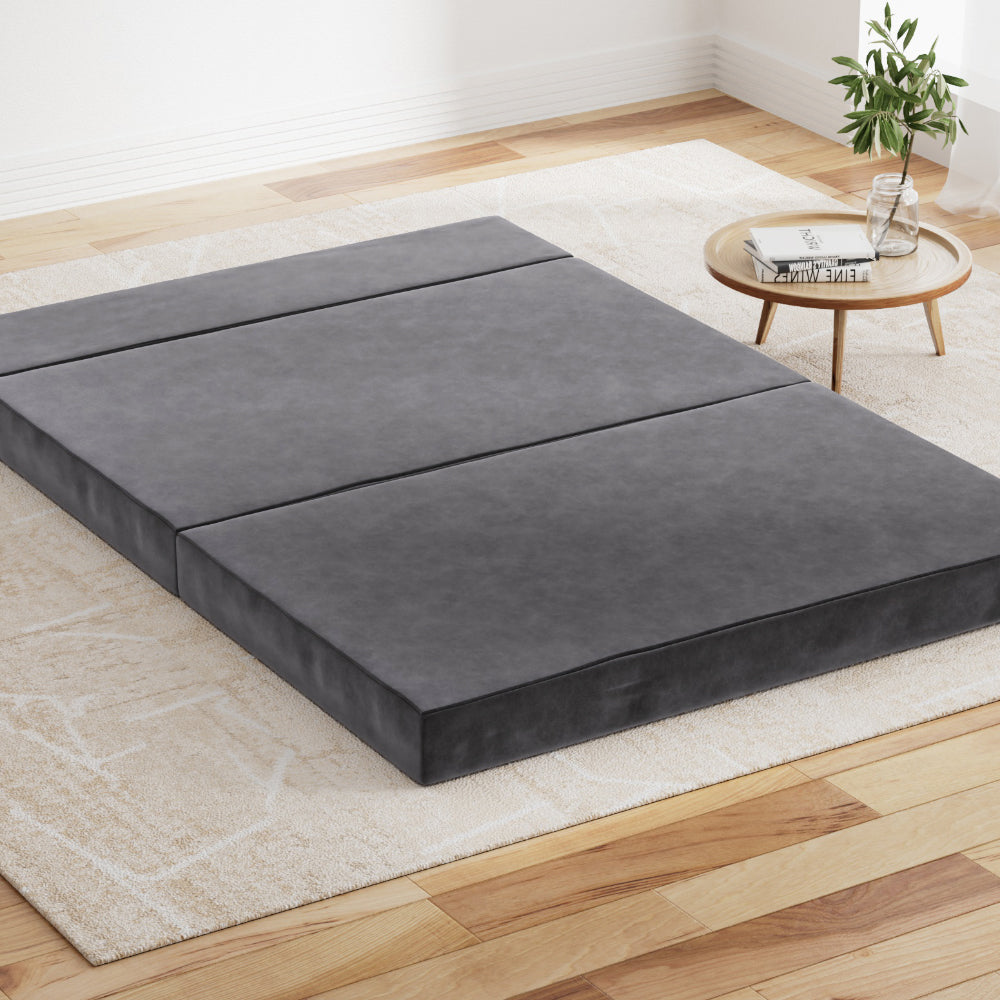 Double Size Folding Foam Mattress - Portable Guest Bed & Floor Mat - Velvet Dark Grey for Camping, Sleepovers & Small Spaces