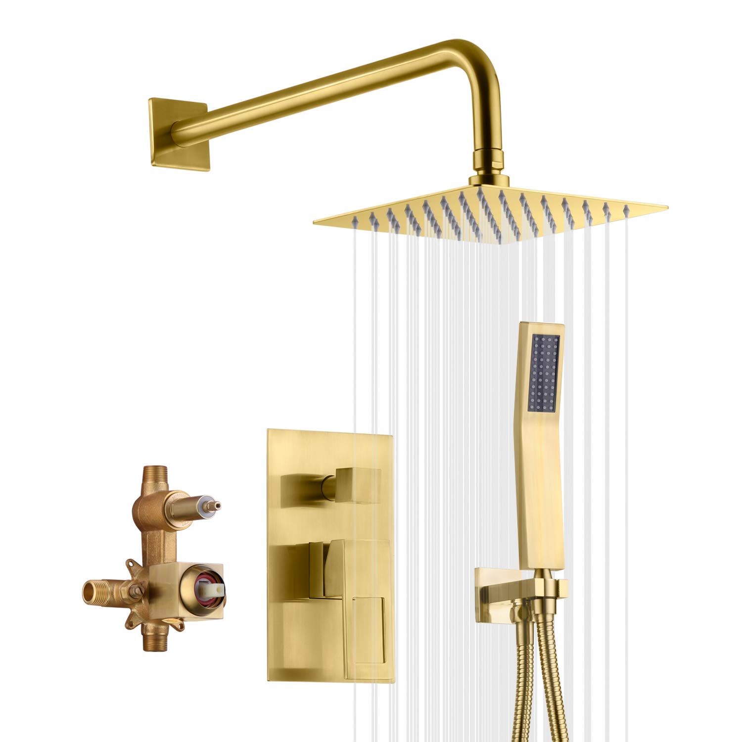 Premium Brushed Brass Pressure Balance Shower System - 8 Inch Square Rainfall Shower Head & Handheld Shower Combo with Rough-In Valve | Perfect for Modern Bathroom Renovations & Spa-Like Shower Experience