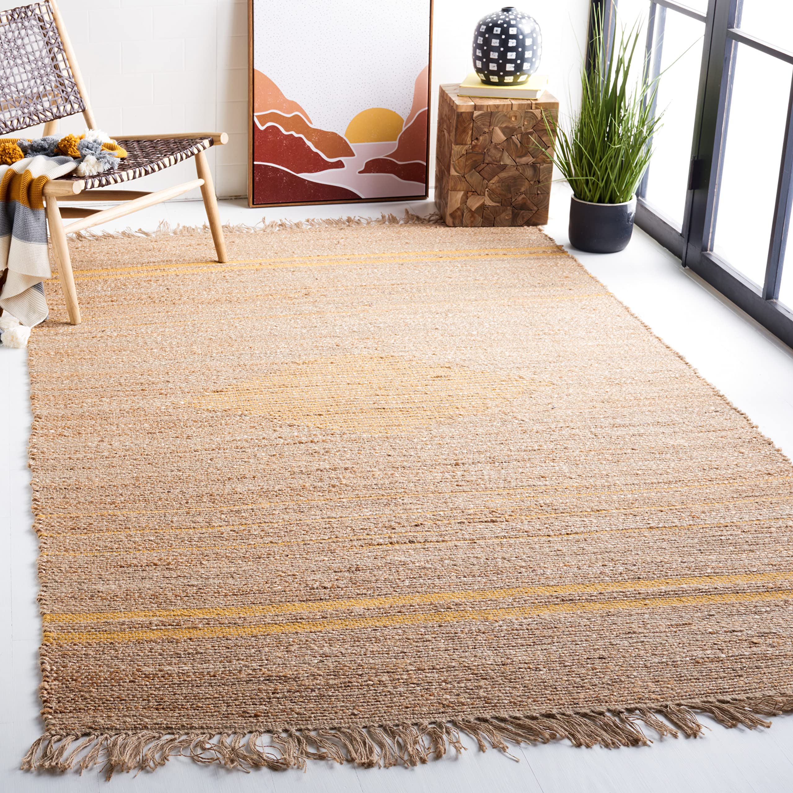SAFAVIEH Natural Fiber Collection Handmade Boho Jute Area Rug - 9' x 12', Gold & Natural, Farmhouse Fringe Design, Durable for High Traffic Areas | Perfect for Living Room, Bedroom, Dining Room & Home Decor