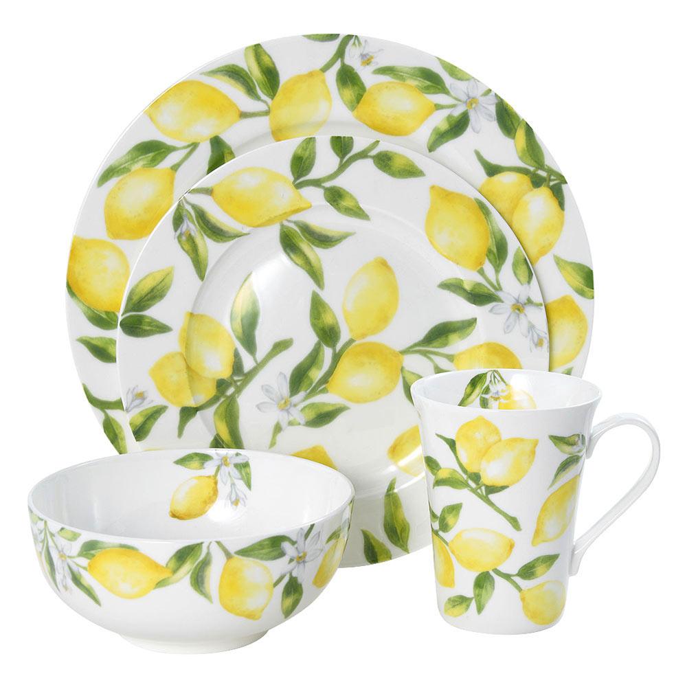 16-Piece Lemon Print Dinnerware Set - Service for 4, Porcelain Plates Bowls & Mugs - Perfect for Family Dining, Kitchen Decor & Dinner Parties