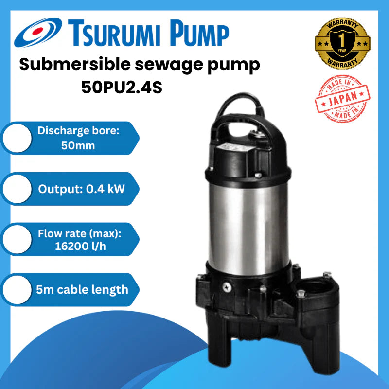 Tsurumi 50PU2.4S 0.40kW Single Phase Submersible Wastewater Pump with Vortex Impeller - 270LPM Flow Rate & 95kPa Pressure - Ideal for Sewage, Drainage, and Industrial Applications