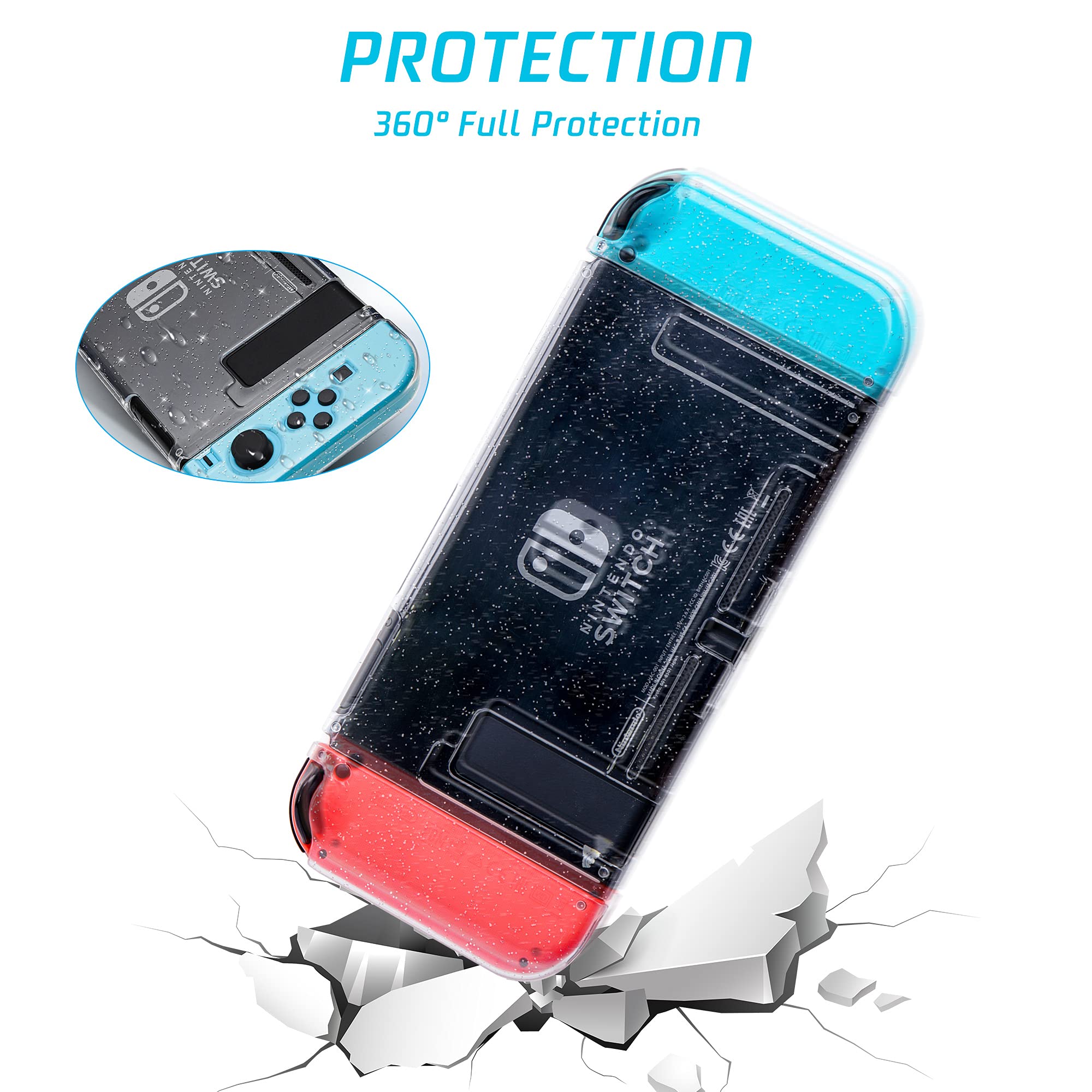 FANPL Glitter Clear Case for Nintendo Switch - TPU Silicone Soft Shell Dockable Protective Cover for Switch Console & Joy-Con Controllers with 2 Bling Thumb Grips (Transparent) - Perfect for Gaming Protection & Style Enhancement