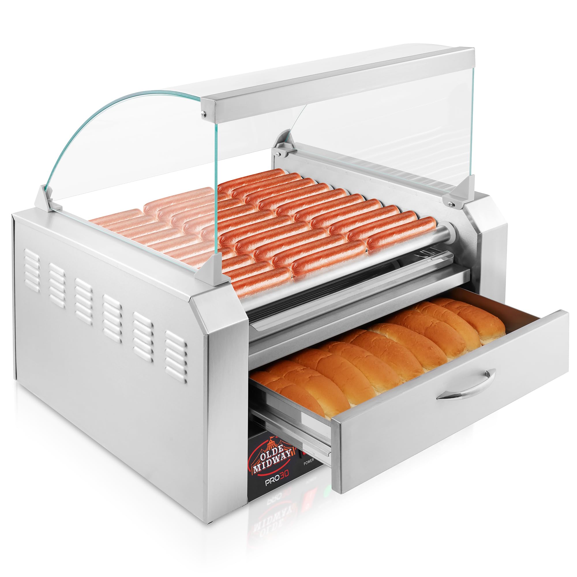 Olde Midway Electric 30 Hot Dog 11 Roller Grill Cooker Machine with Bun Warming Drawer & Cover - Commercial Grade Stainless Steel for Restaurants, Food Trucks & Concession Stands