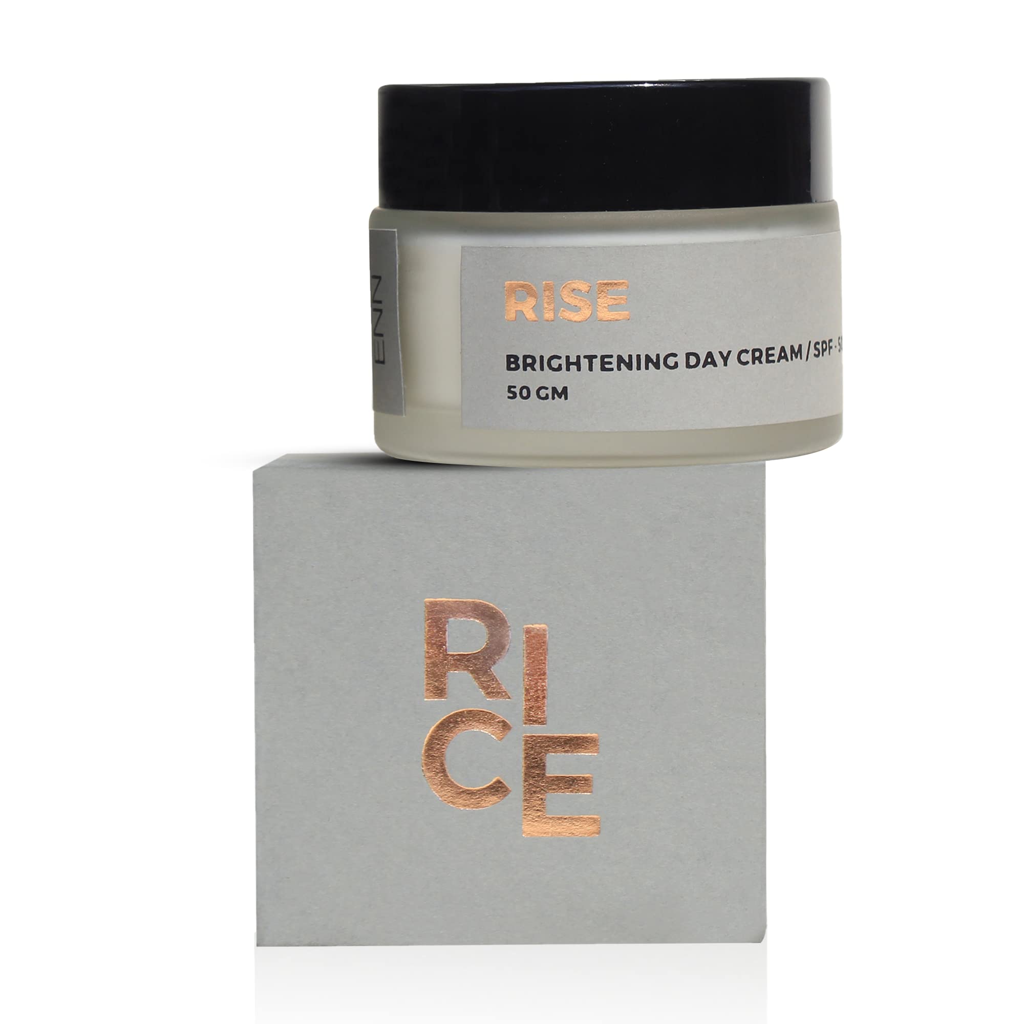 RISE Brightening Day Cream with SPF 50 - Fast Absorbing, Reduces Dullness & Improves Skin Texture | Enriched with Rice Extract | Natural Formula for Men & Women | 50g | Perfect for Daily Sun Protection & Glowing Skin