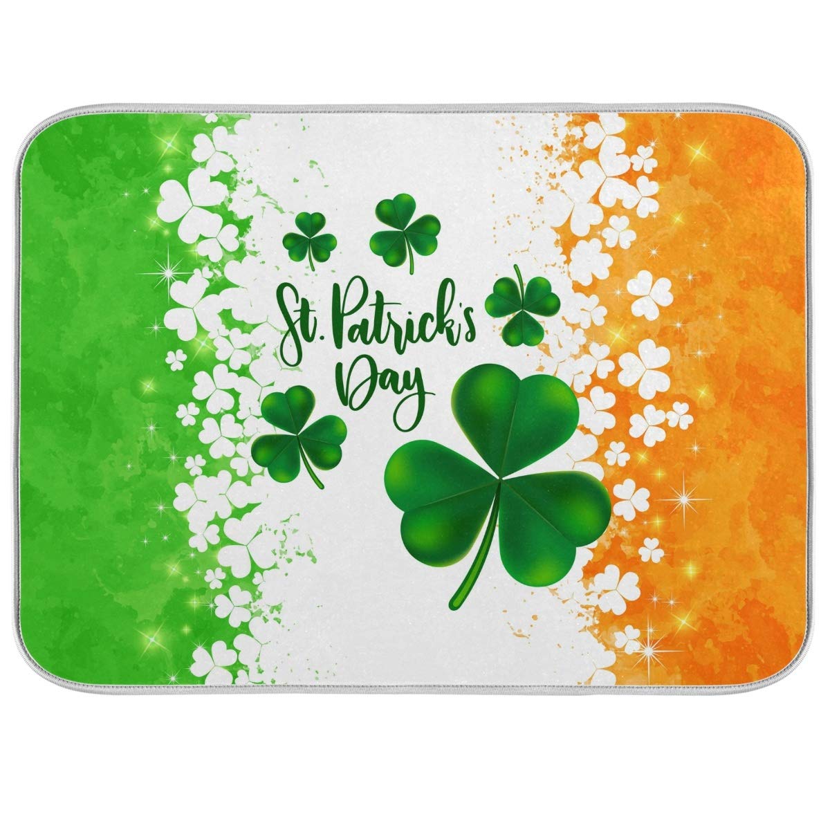 St. Patrick's Day Ireland Shamrock Dish Drying Mat 18x24 Inch - Green & Orange Clover Leaves Design, Absorbent Fast Dry Kitchen Accessories - Perfect for St. Patrick's Day Decor, Irish Themed Kitchens, and Holiday Dish Drying