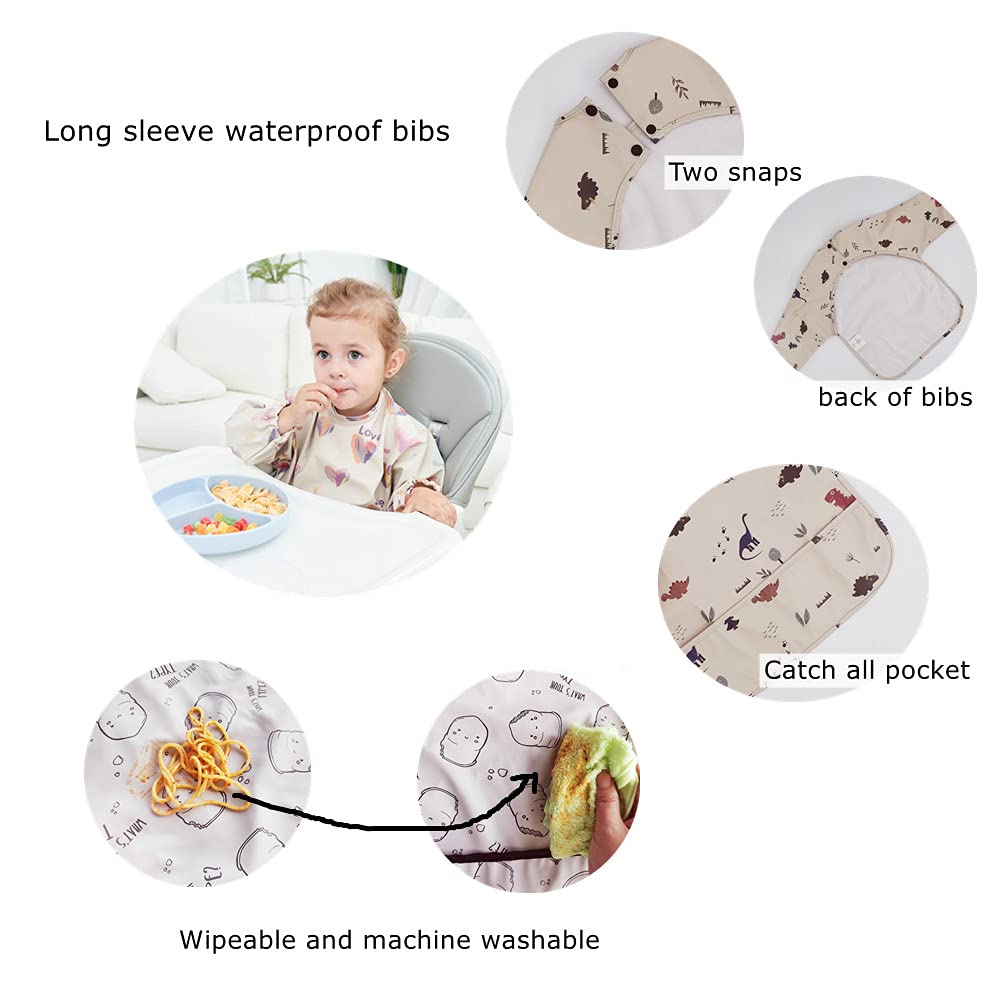 GZMM Waterproof Baby Bibs - Long Sleeve Feeding Bib with Food Catcher for Infants & Toddlers | Easy to Clean & Washable | Perfect for Messy Mealtime & Baby-Led Weaning