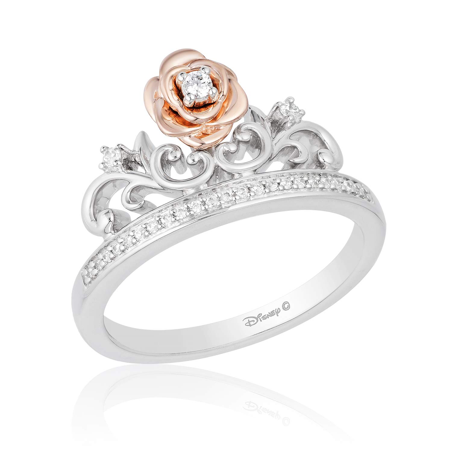 Enchanted Disney Belle Rose Tiara Ring - Sterling Silver & 10K Rose Gold with 1/10 Cttw Diamond | Elegant Princess Jewelry for Weddings, Prom, Cosplay & Special Occasions