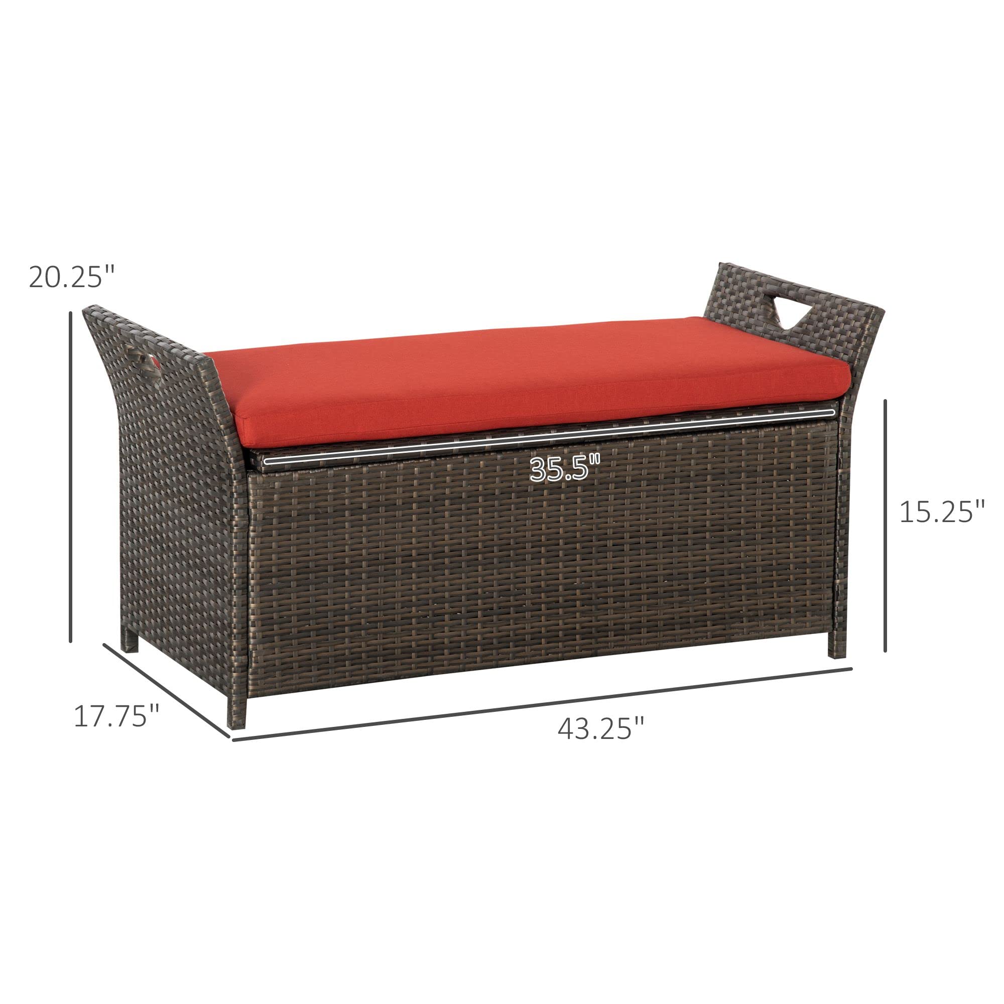 Outsunny 29 Gallon Outdoor Wicker Storage Bench - 2-in-1 PE Rattan Patio Furniture with Cushion, Large Rectangle Garden Storage Box with Handles (Red) | Perfect for Backyard, Deck, Poolside & Patio Organization