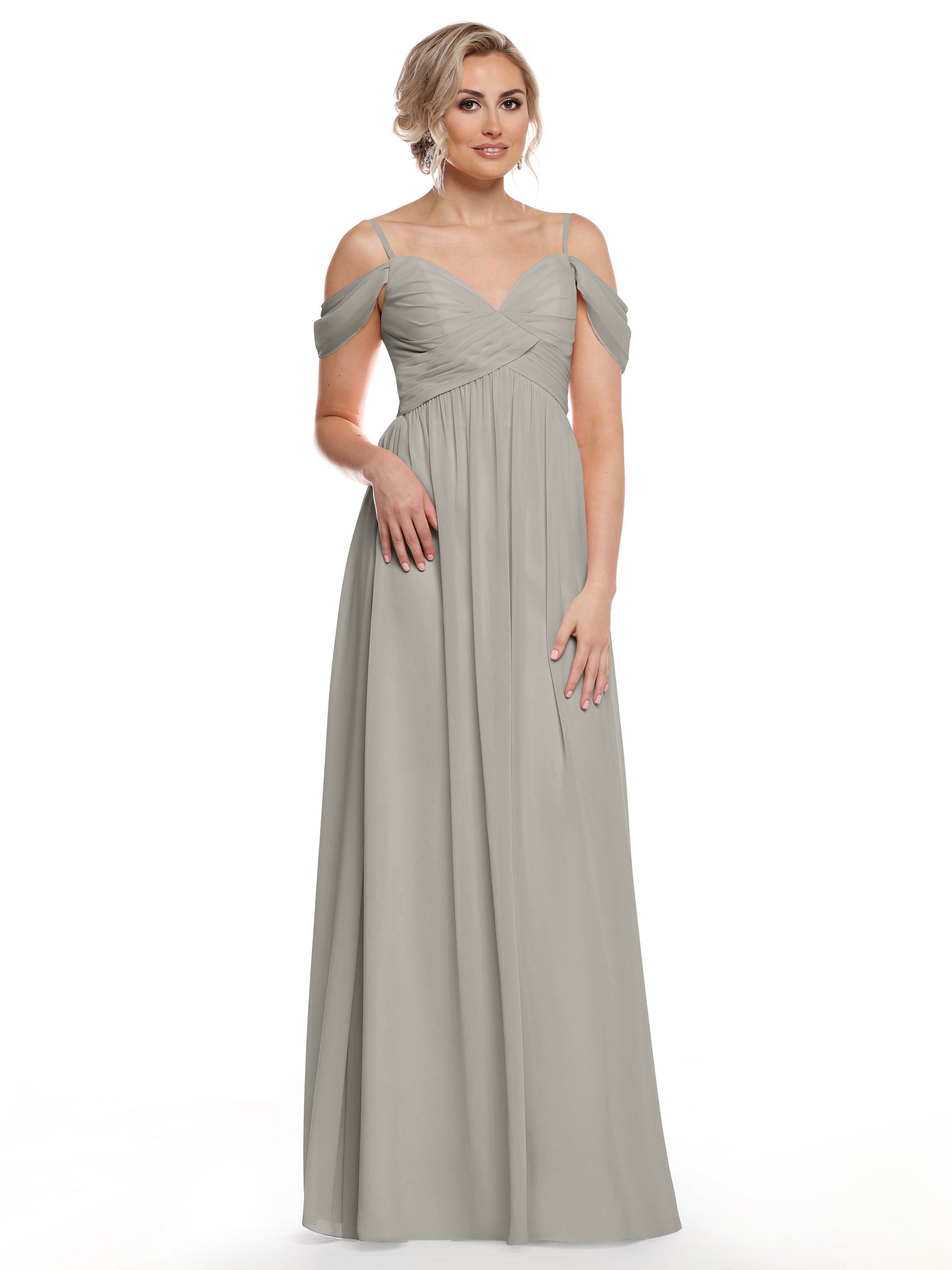 Elegant 80142 Off-The-Shoulder Chiffon Bridesmaid Dress with Spaghetti Straps - Perfect for Weddings, Formal Events & Evening Parties