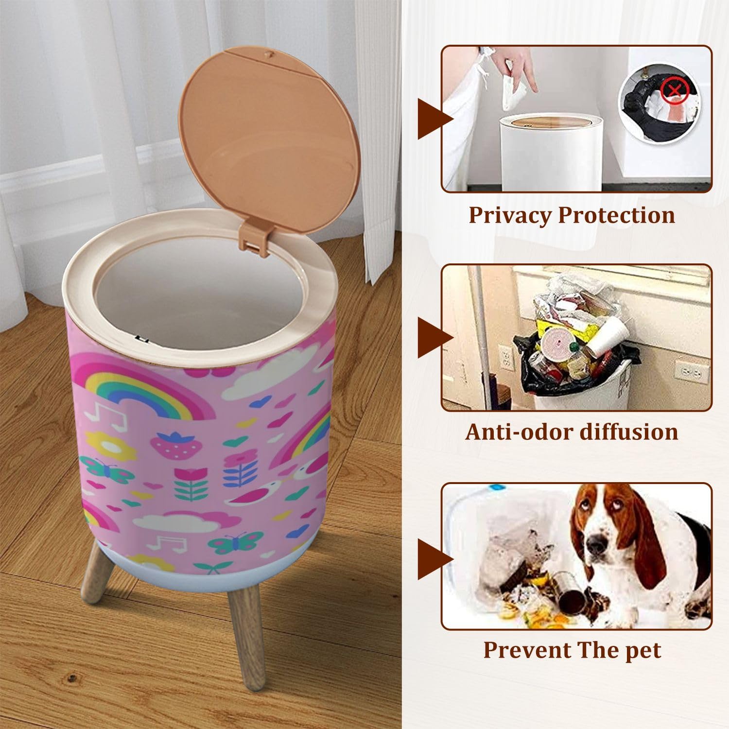 Cute Geometric Heart Pattern Small Trash Can with Lid - 1.8 Gallon Pet Proof Waste Basket for Kitchen, Bathroom, Office & Bedroom - Valentine's Day Decorative Garbage Bin for Home & Office Use