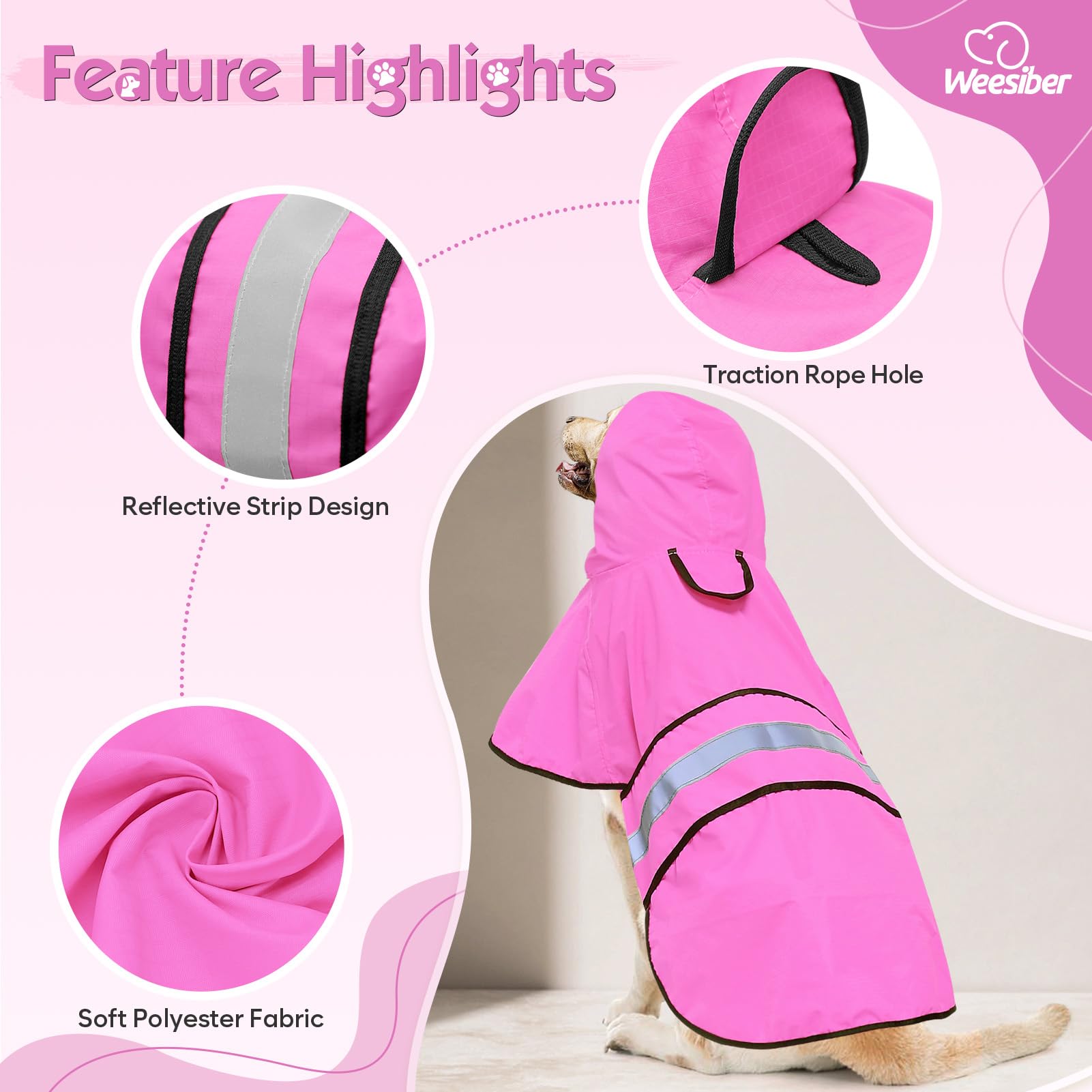 **Weesiber Reflective Waterproof Dog Raincoat - Adjustable Lightweight Dog Poncho for Walking - Large Pink Dog Rain Jacket for Small Medium Large Dogs - Perfect for Rainy Day Walks and Outdoor Adventures**