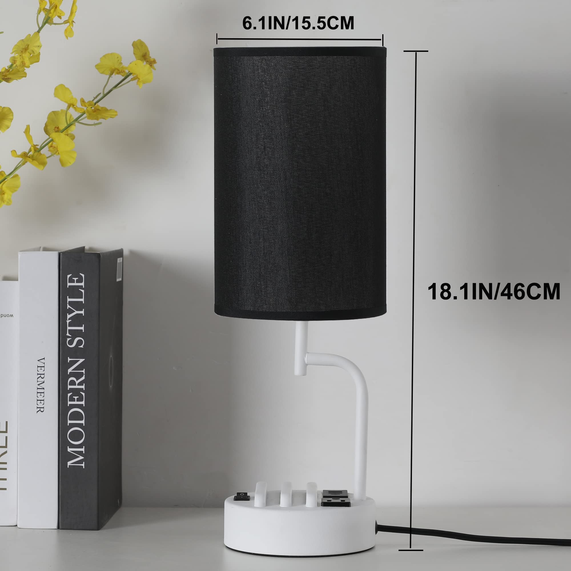 Dreamholder Modern Table Lamp with 3 USB Ports & AC Outlet - Dual Phone Stands, Adjustable Brightness Night Light for Bedroom, Living Room, Office - Set of 2 (White & Black) | Perfect for Charging Devices, Reading & Home Decor