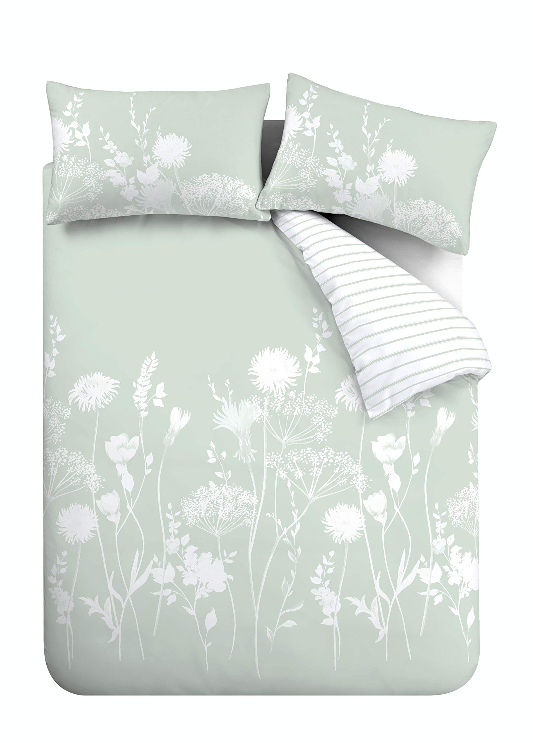 Catherine Lansfield Meadowsweet Floral Reversible King Size Duvet Cover Set with Pillowcases - Green Botanical Print Bedding for Master Bedroom & Guest Room Decor