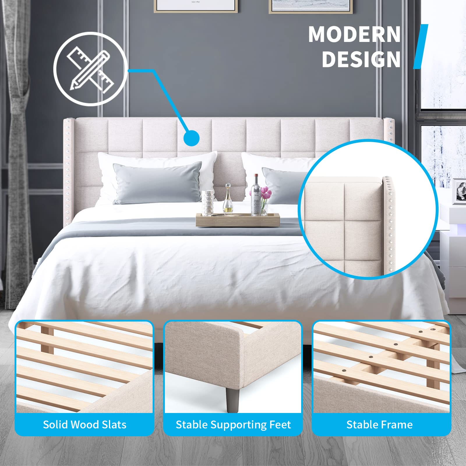 MJkone Velvet Queen Bed Frame with Wingback Headboard - Modern Platform Bedframe with Wooden Slats, Silent Rivet Design & No Box Spring Needed - Perfect for Master Bedrooms & Guest Rooms (Beige)