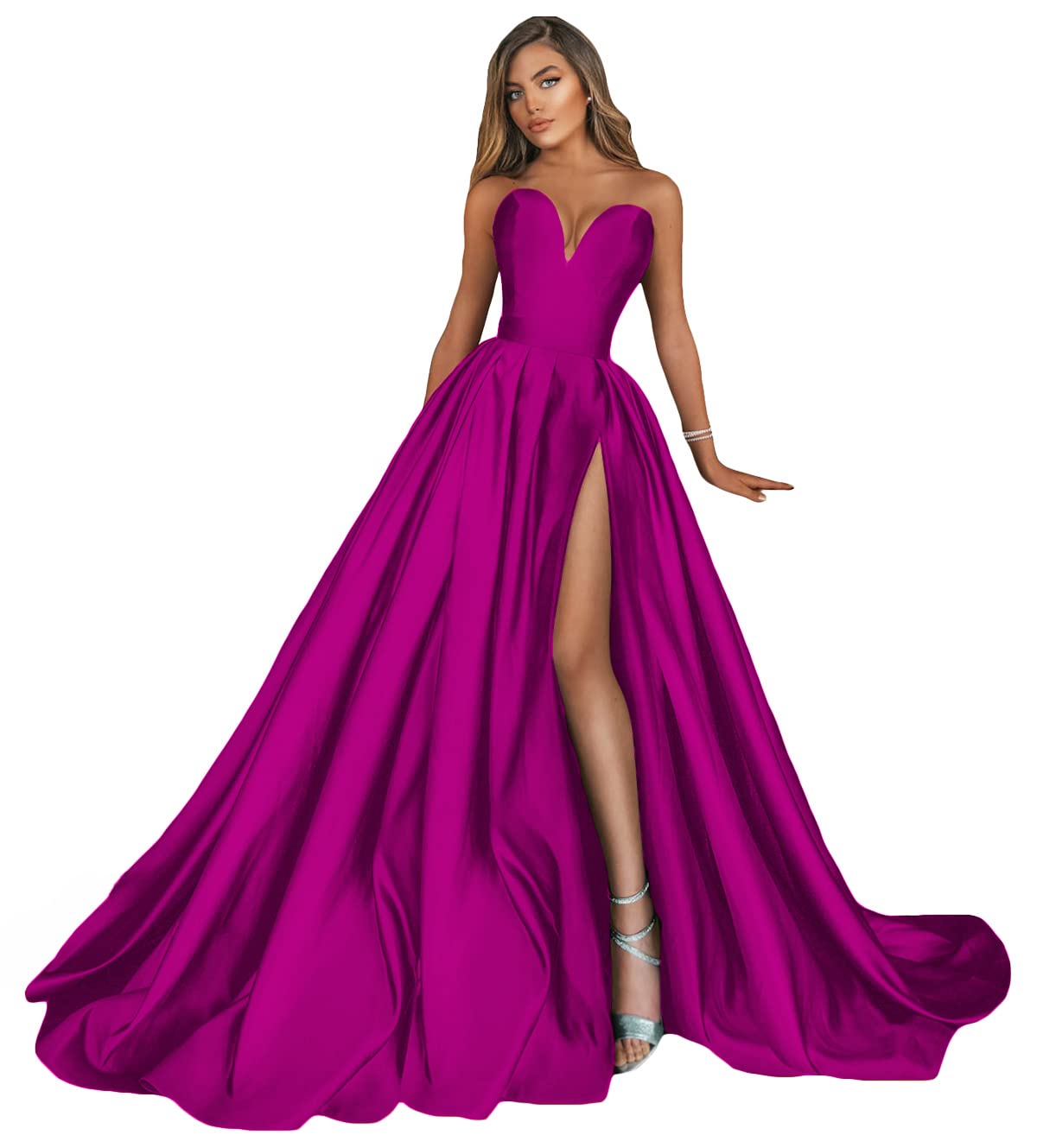 Xuzzy Women's Strapless Prom Dress - Satin Long Slit Evening Gown with Pockets | Formal Ball Gown for Homecoming, Wedding Guest & Special Occasions
