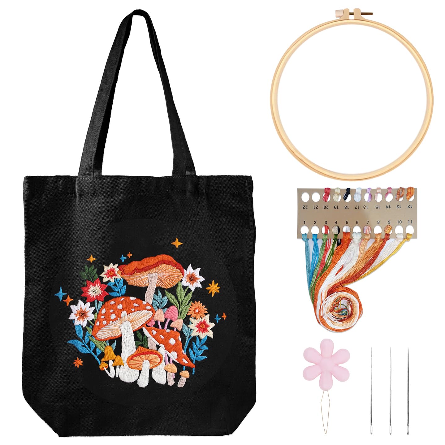 Louise Maelys Cross Stitch Kit for Beginners - Embroidery Canvas Tote Bag with Mushroom Flower Pattern, Needlepoint Art Craft Kit for Adults Includes Hoop & Instructions - Perfect for DIY Gifts, Home Decor & Relaxing Hobbies