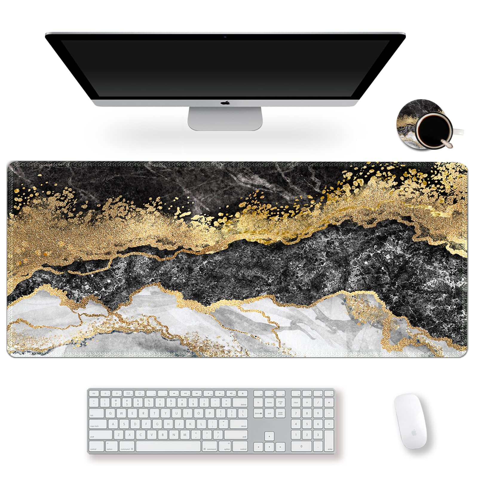 ARTSO Extra Large Gaming Mouse Pad (31.5x15.7 Inch) - Non-Slip Rubber Base with Stitched Edges - XL Keyboard & Mouse Mat for PC, Laptop, Office & Gaming Desk - Black Grey Marble Design - Perfect for Work, Gaming & Home Office Setup