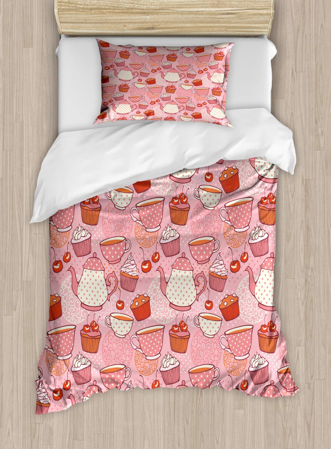 Ambesonne Cartoon Duvet Cover Set - Teapot & Cup Design with Polka Dots, Cherries, Cakes, Tea & Coffee Pattern - 2-Piece Twin Size Bedding Set (2 Duvet Covers & 2 Pillowcases) in Pink, Orange & Red - Perfect for Kids' Rooms, Guest Bedrooms & Themed Decor