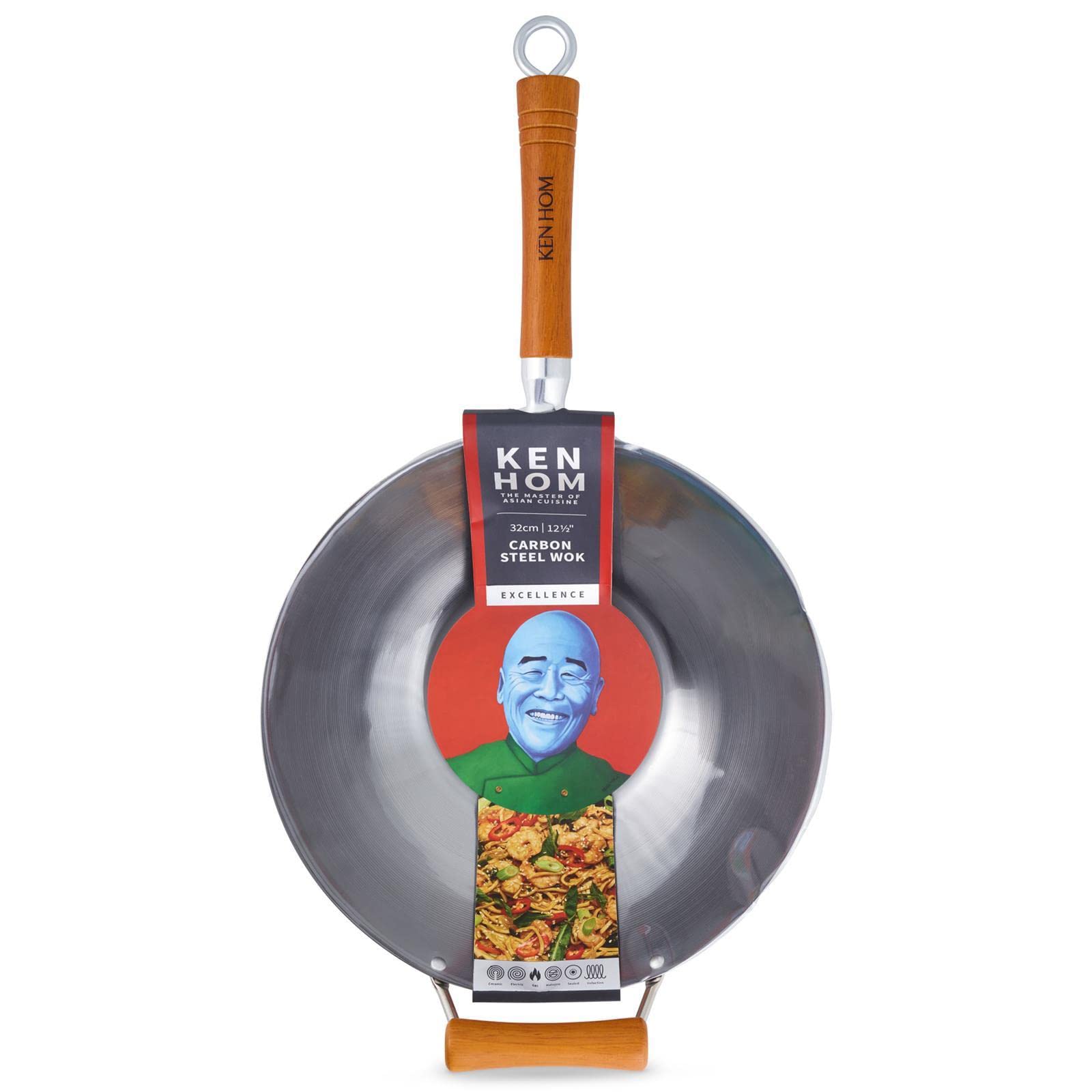 Ken Hom KH432003 Traditional Carbon Steel Wok - 32cm, Induction Compatible, Metal Utensil Safe, Dishwasher Not Recommended - Perfect for Stir-Frying, Sautéing & Asian Cooking