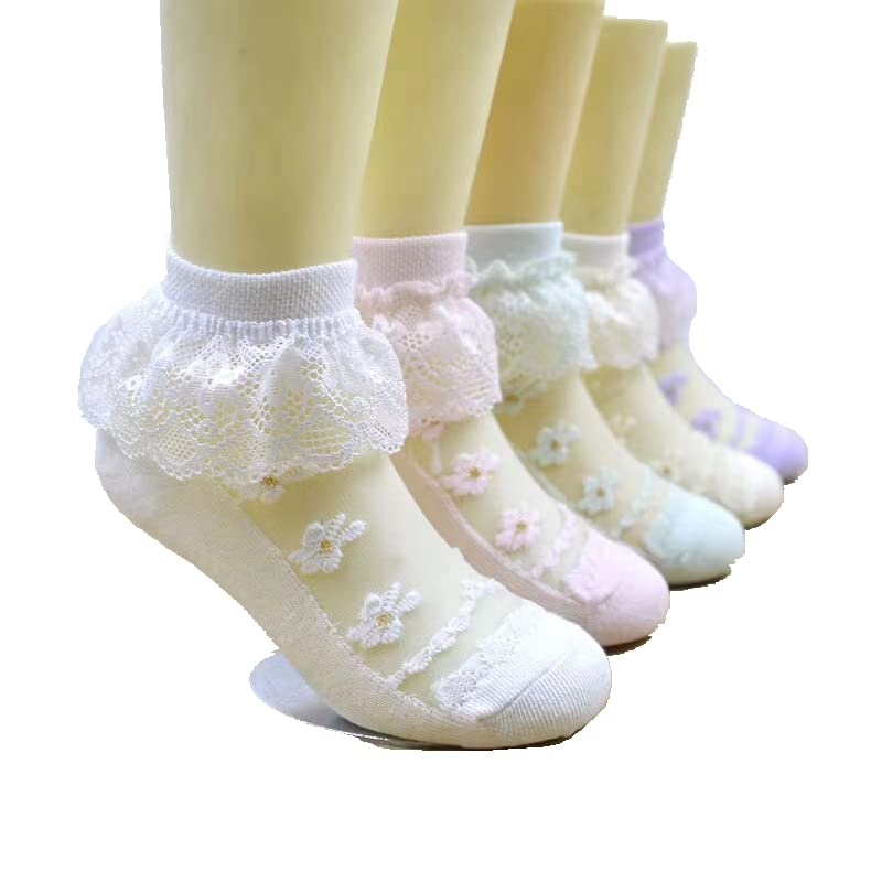 Hopply 5 Pairs Ruffle Frilly Ankle Socks for Toddler Girls - White Lace Dress Socks for Baby & Women - Summer Mesh Breathable Socks for Pageant, Party & Special Occasions
