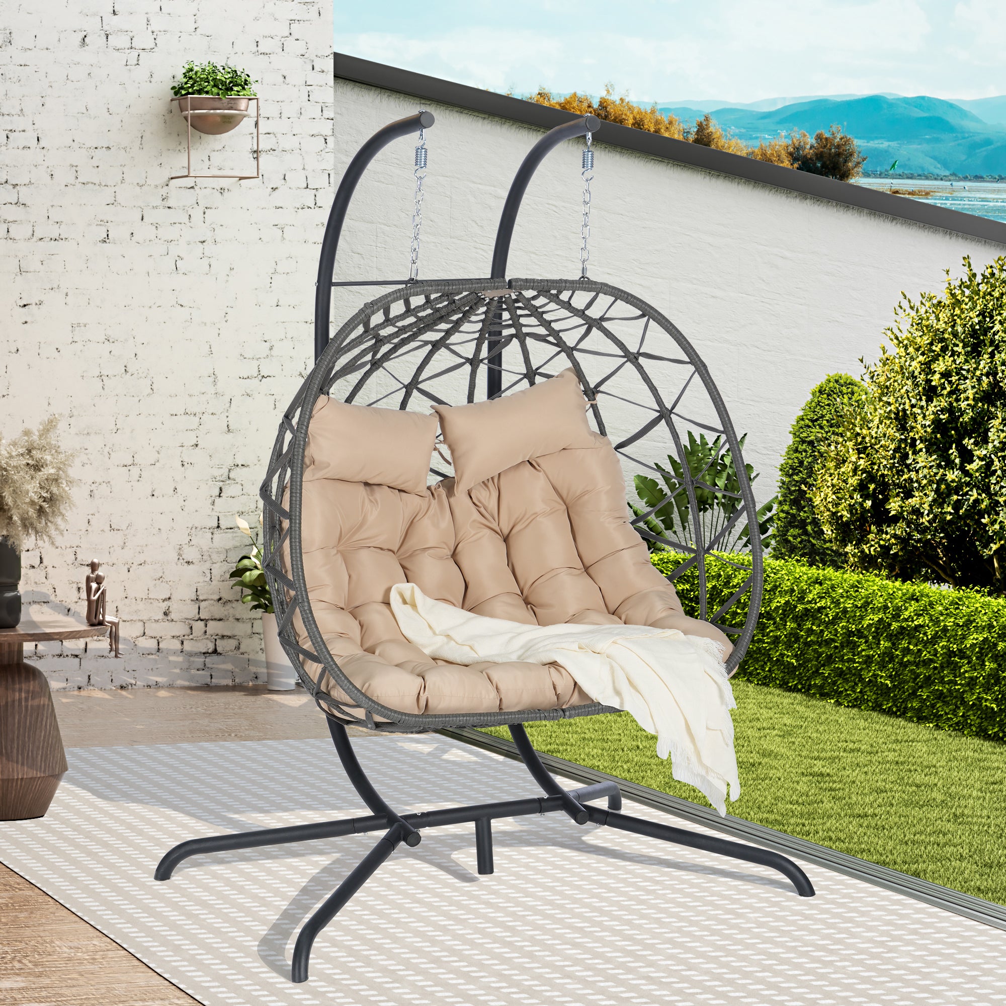 Double Egg Chair with Stand - Hanging Indoor/Outdoor Wicker Rattan Swing Chair with UV-Resistant Cushions (600 lb Capacity) - Perfect for Bedroom, Balcony, Patio & Garden Relaxation