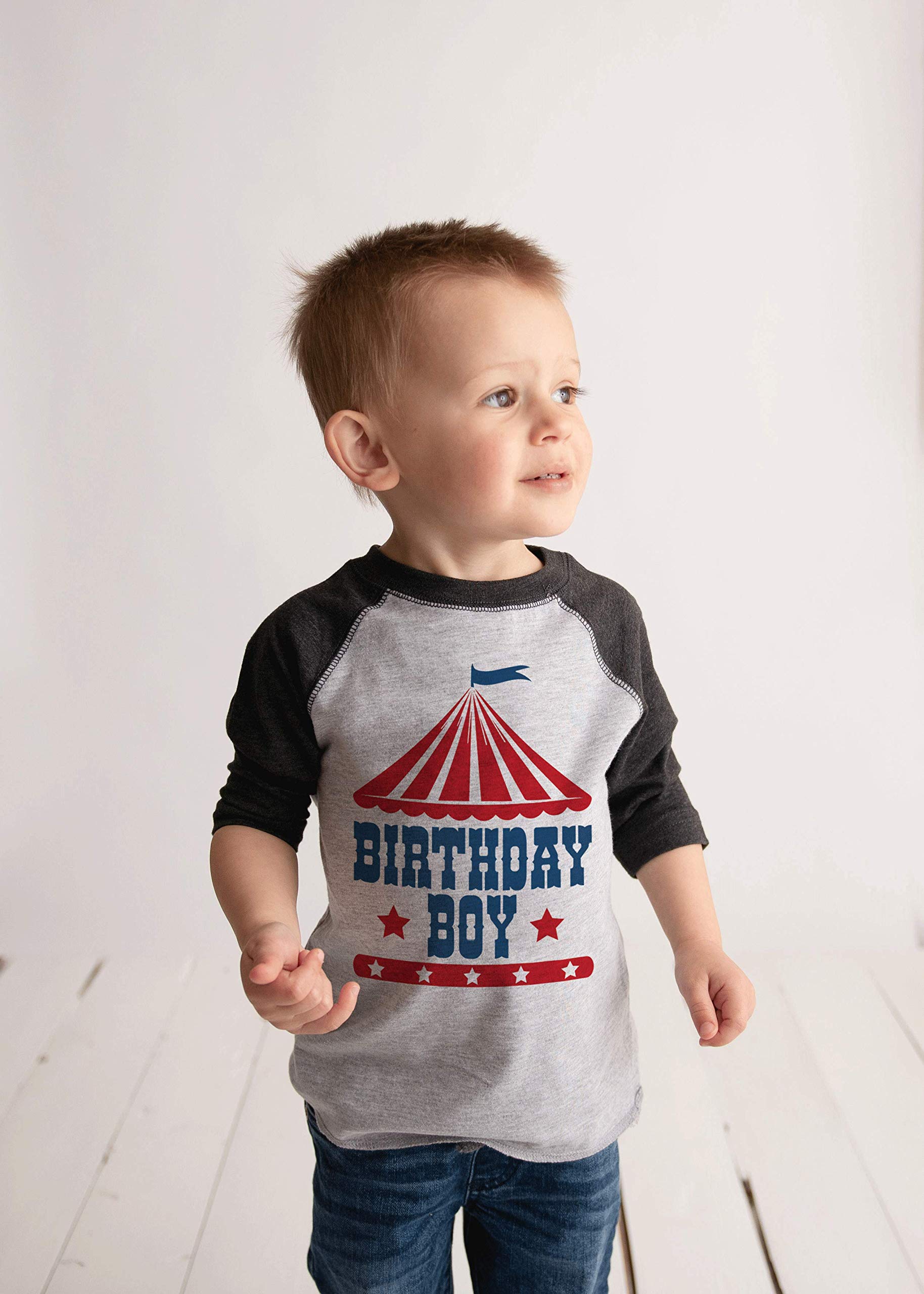 7 Ate 9 Apparel Boys' Birthday Circus Grey Raglan Tee - Soft Cotton Blend Short Sleeve Shirt for Kids Birthday Parties & Casual Wear