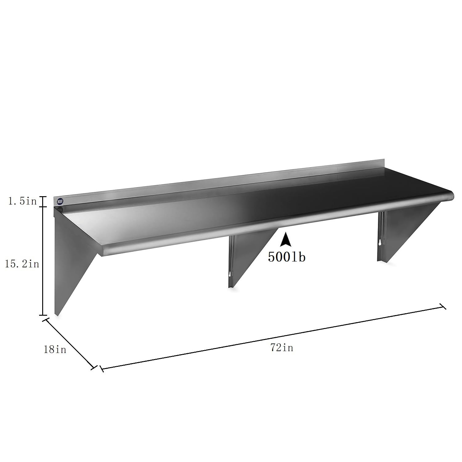 ROCKPOINT 18 x 72 Inch Stainless Steel Shelf - 500lb Capacity NSF Certified Commercial Shelving | Wall Mount Floating Shelves with Backsplash for Restaurant, Kitchen, Home & Hotel Storage | Heavy Duty Metal Shelving Unit for Pantry, Garage, Laundry Room Organization (Silver)