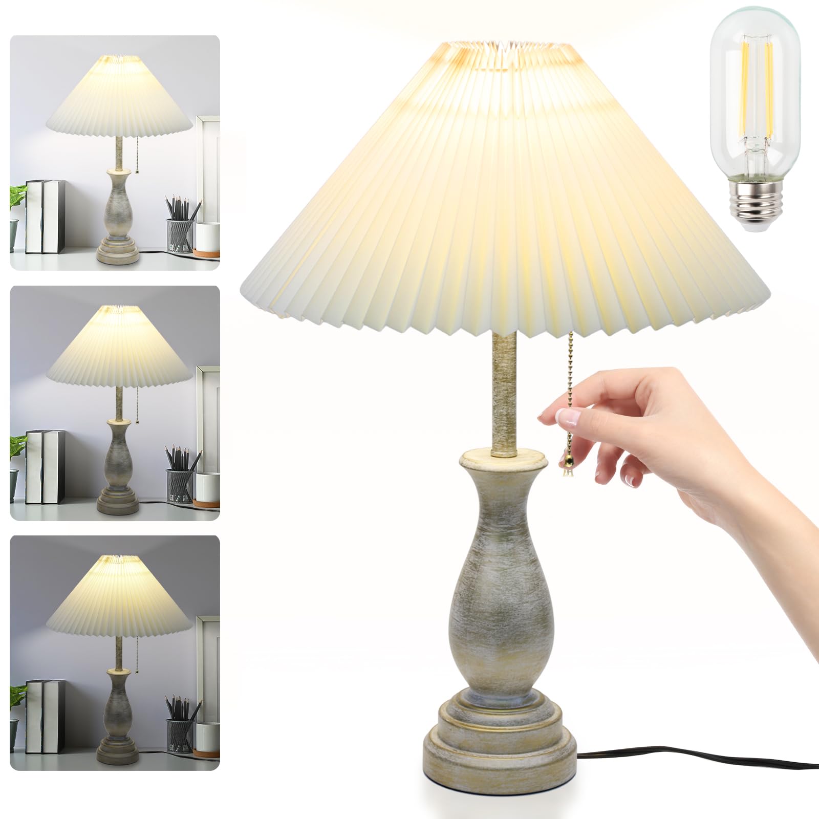 Farmhouse Table Lamp with Pull Chain Switch - 3-Way Dimmable Nightstand Lamp with Fabric Shade for Bedroom, Living Room & Hotel Decor | Modern Desk Lamp for Reading & Relaxation (Pack of 1, Foldable Lampshade)