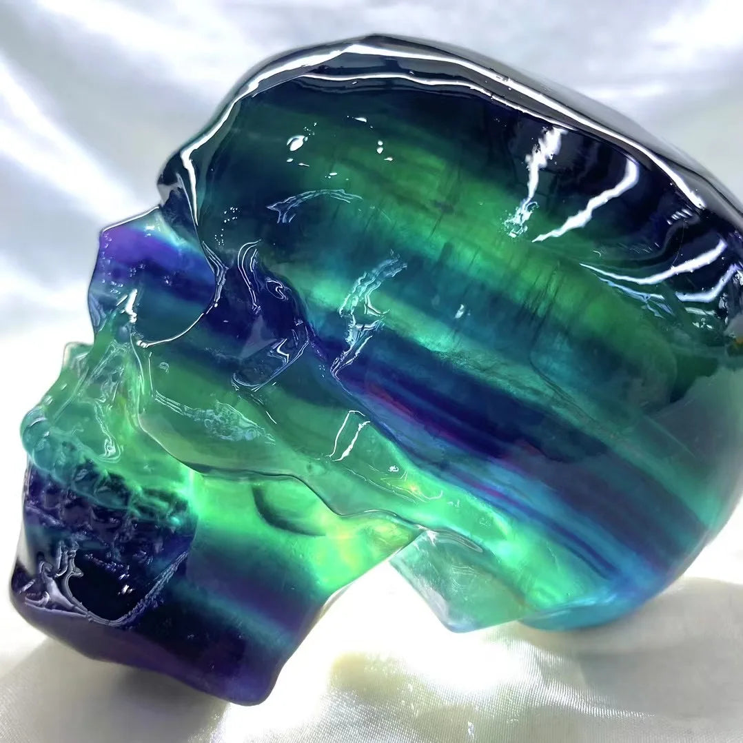 10-15CM Large Natural Rainbow Fluorite Carved Skull - High Quality Mineral Specimen for Crystal Collectors, Unique Home Decor & Gift Idea - Perfect for Meditation, Feng Shui, and Mineral Display Collections