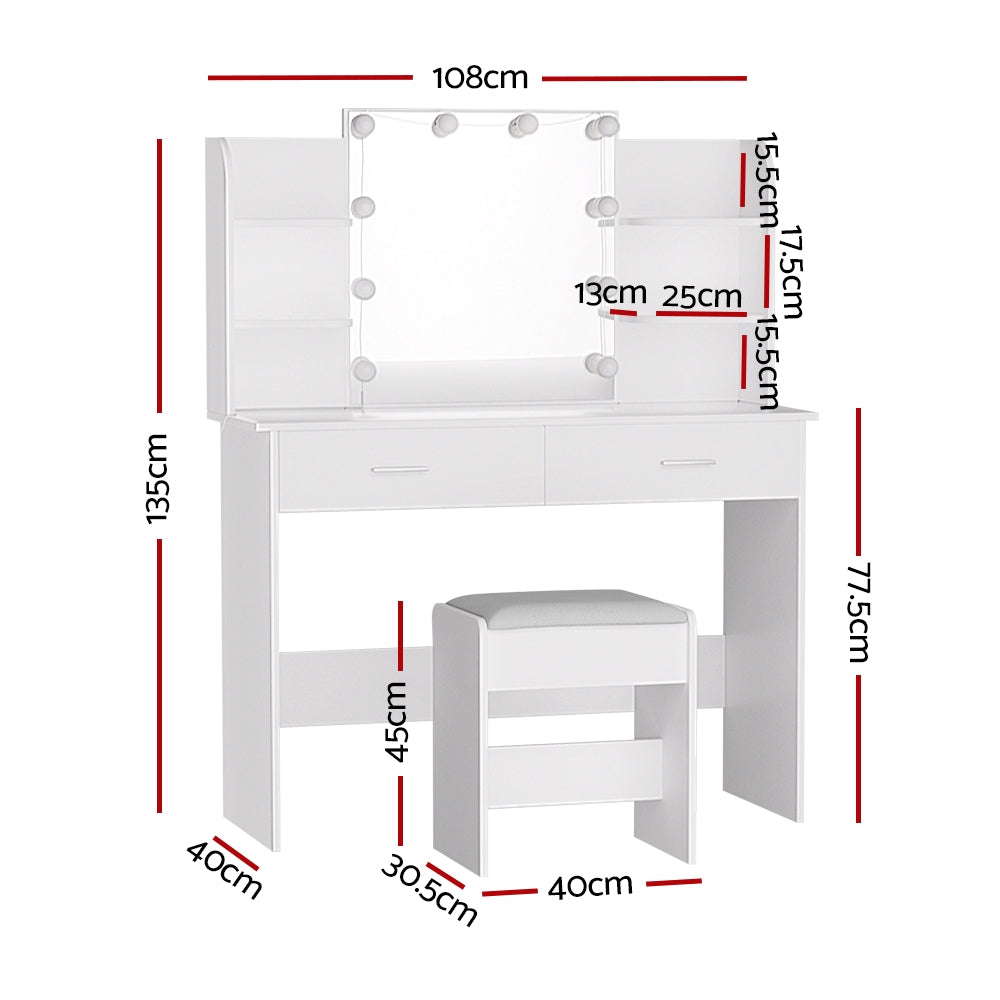 Dulcea LED Vanity Mirror with Stool Set - Adjustable Brightness, Touch Control, White - Perfect for Makeup, Skincare, and Hairstyling at Home