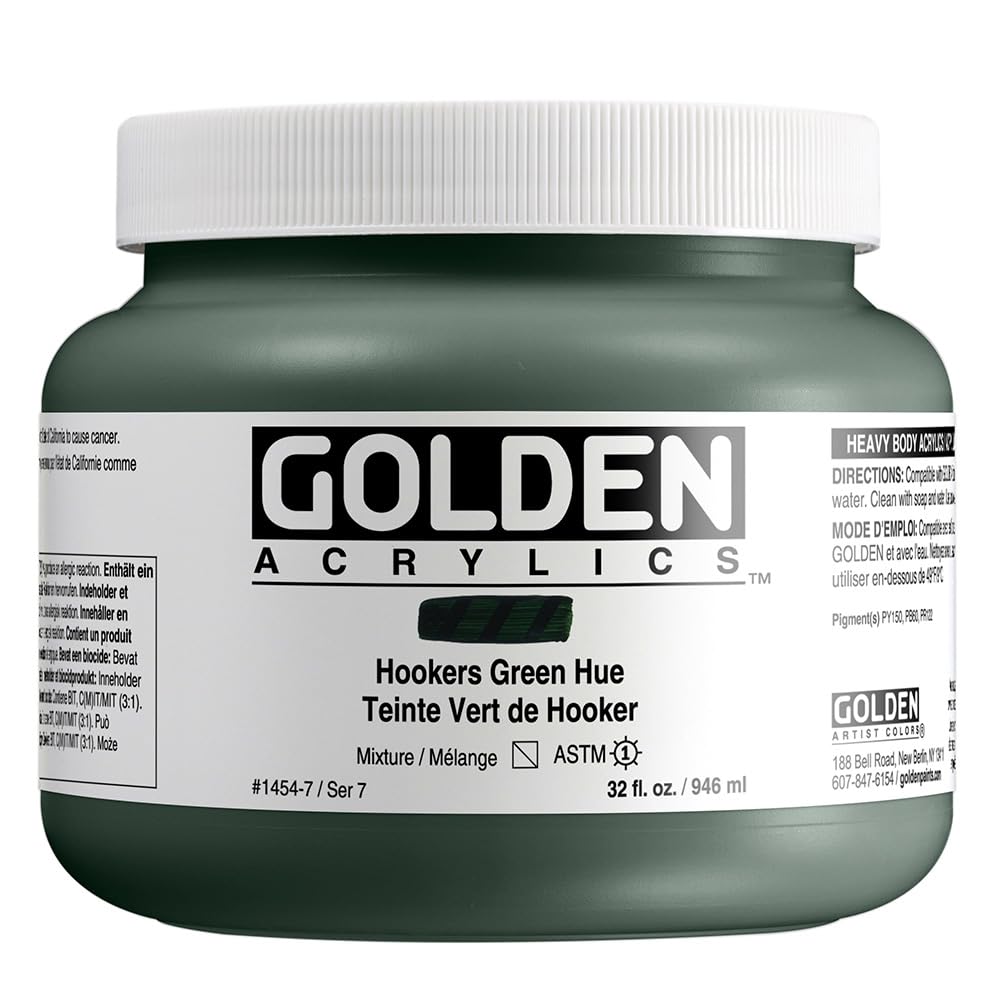 GOLDEN Heavy Body Acrylic Paint - Hookers Green Hue, 32 fl. oz. Jar, Professional Semi-Transparent Artist Paint for Canvas, Murals & Fine Art | Premium Acrylics for Artists & Painters