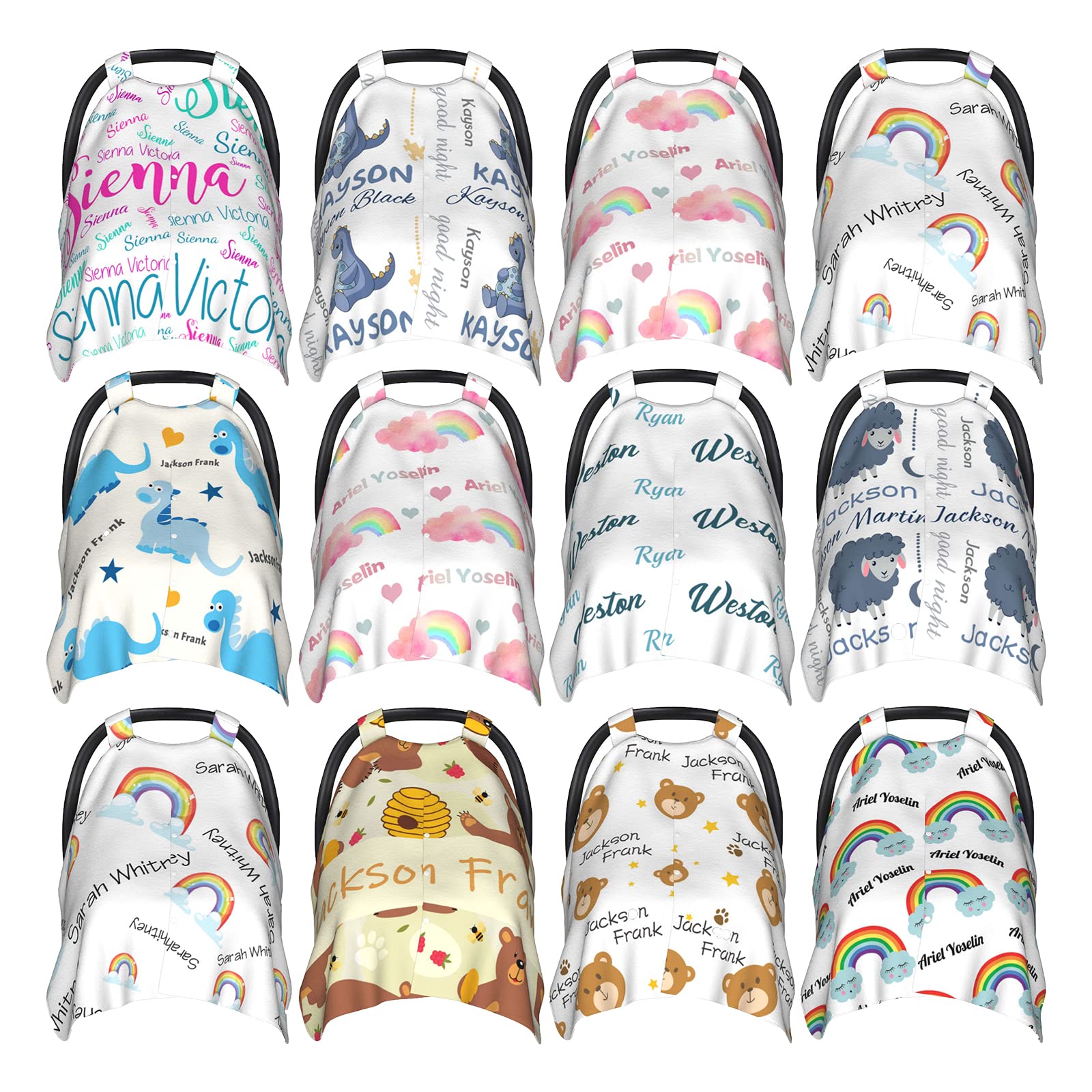 Custom Personalized Baby Car Seat Cover Canopy with Name - Pink Rainbow Design for Girls & Boys | Soft Breathable Baby Carrier Cover for Strollers, Shopping & Outdoor Adventures
