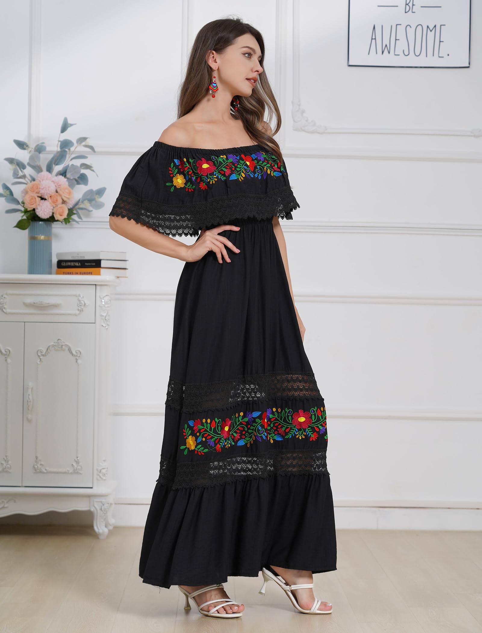 Mexican Floral Embroidered Off-Shoulder Long Maxi Dress for Women - Summer Boho Beach Dress, Casual Party Wear & Vacation Outfit