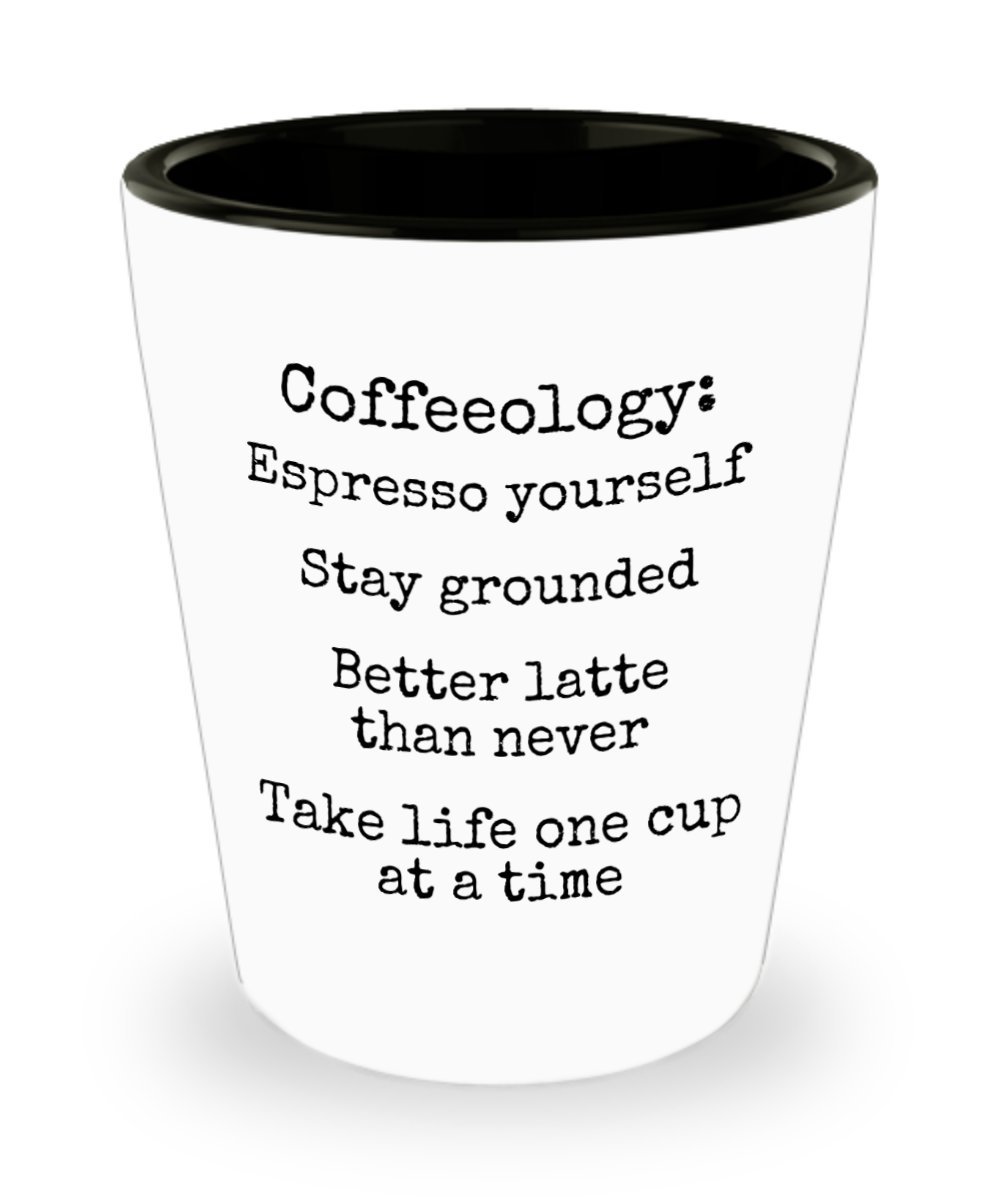 1.5 oz Inspirational Quote Shot Glasses - Ceramic Coworker Gifts, Novelty Black & White Drinking Cups - Made in USA | Perfect for Office Parties, Coffee Breaks & Motivational Gifts