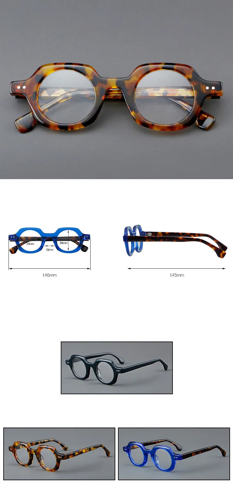 CCspace Unisex Full Rim Flat Top Round Acetate Eyeglasses 301253 - Retro Style Glasses for Men & Women - Perfect for Reading, Fashion & Everyday Wear